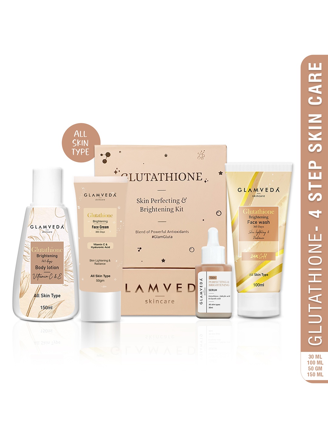 

GLAMVEDA Set Of 4 Face Wash - 100ml-Face Cream - 30g-Face Serum - 30ml-Body Lotion - 150ml, White