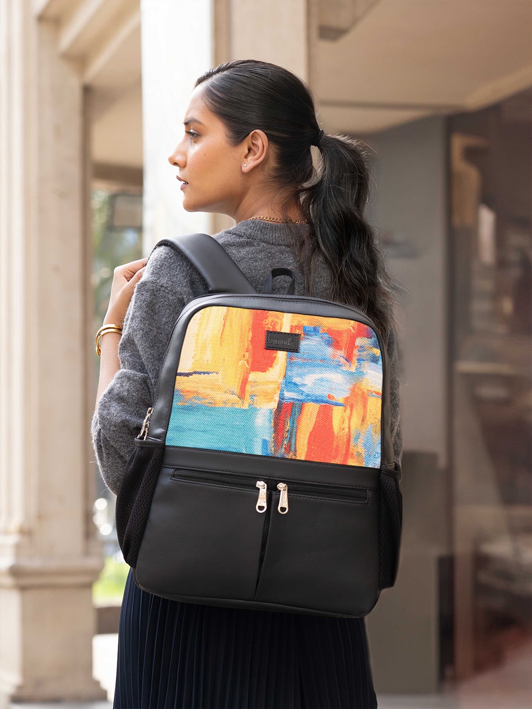 

ZOUK Women Abstract Printed Vegan Leather Backpack With Compression Straps-Up to 16 inch, Black