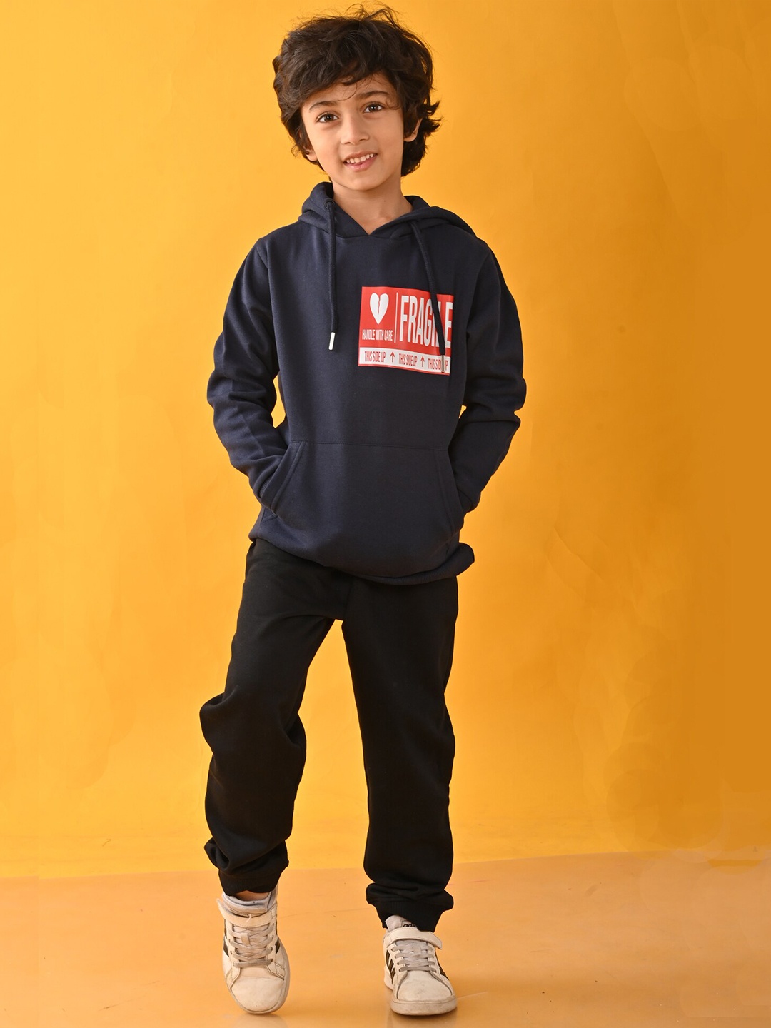 

Anthrilo Boys Printed Hooded Cotton Fleece Sweatshirt with Joggers, Navy blue