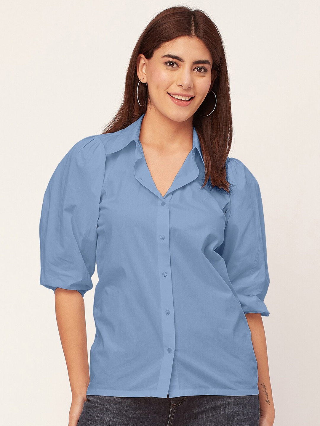 

Moomaya Puff Sleeve Cotton Shirt Style Top, Blue