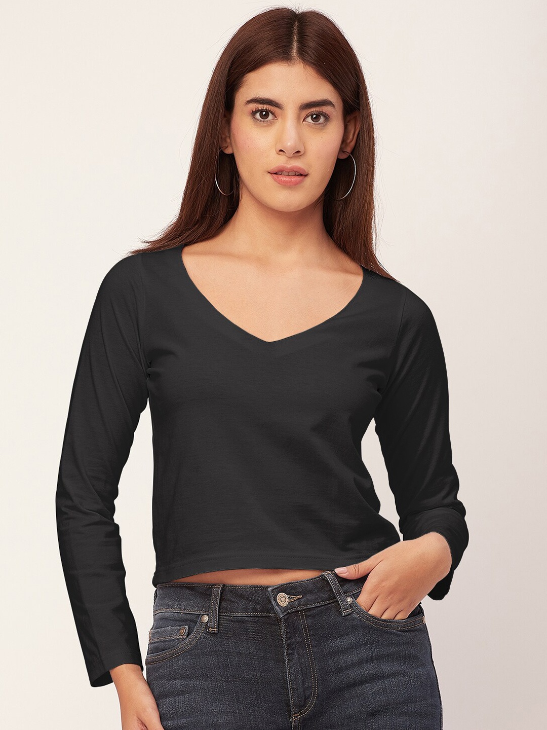 

Moomaya V-Neck Long Sleeves Crop Top, Black