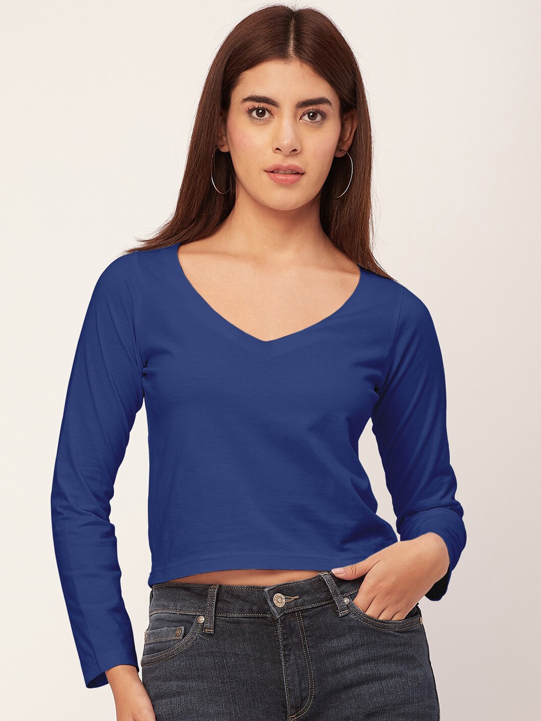 

Moomaya V-Neck Long Sleeves Crop Top, Blue