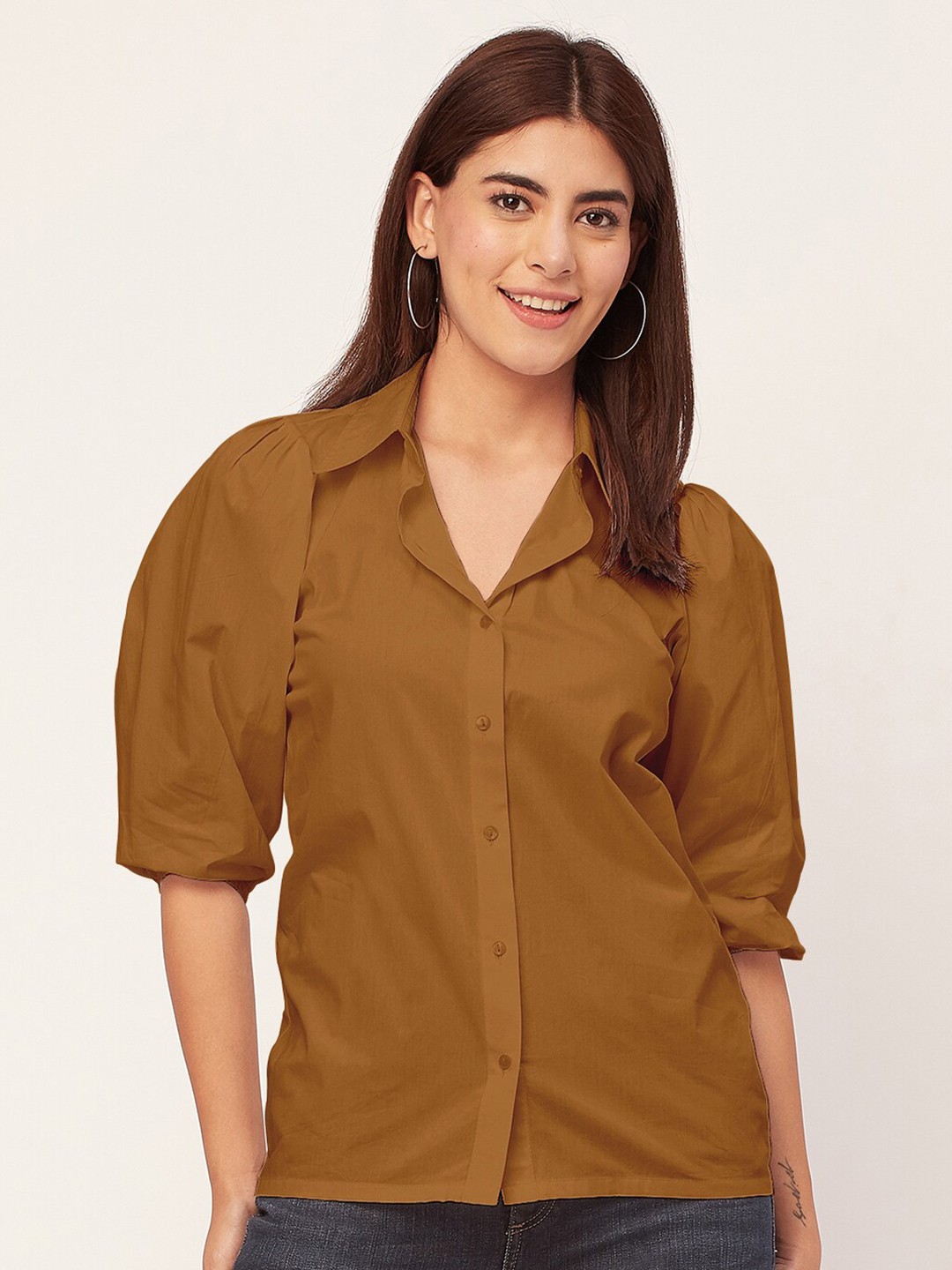 

Moomaya Puff Sleeve Cotton Shirt Style Top, Brown