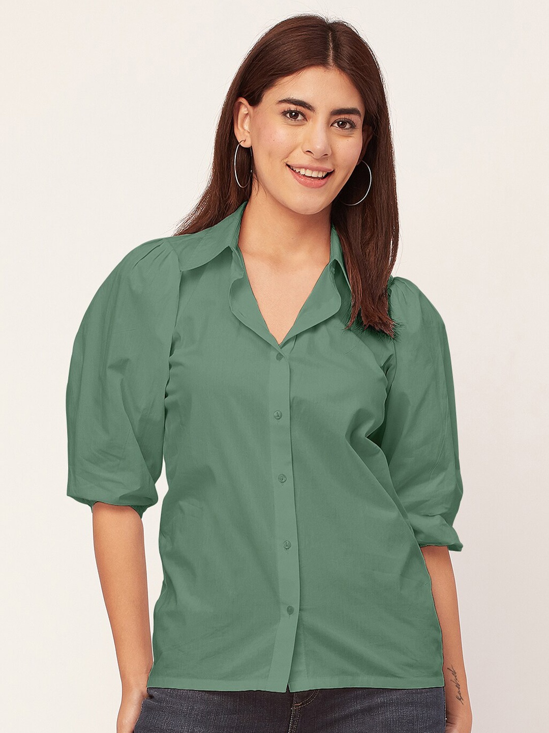 

Moomaya Puff Sleeve Cotton Shirt Style Top, Green