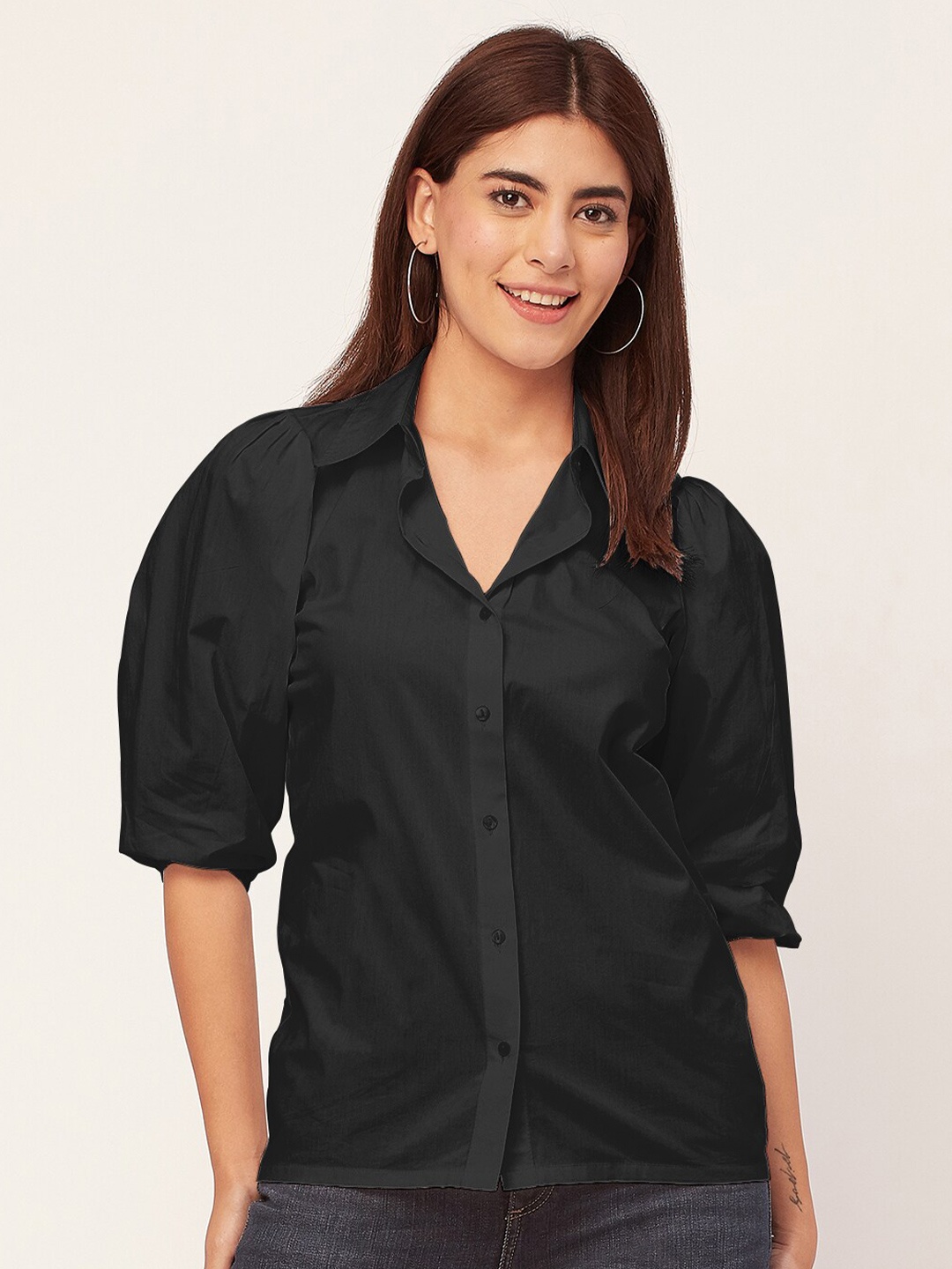 

Moomaya Puff Sleeve Cotton Shirt Style Top, Black