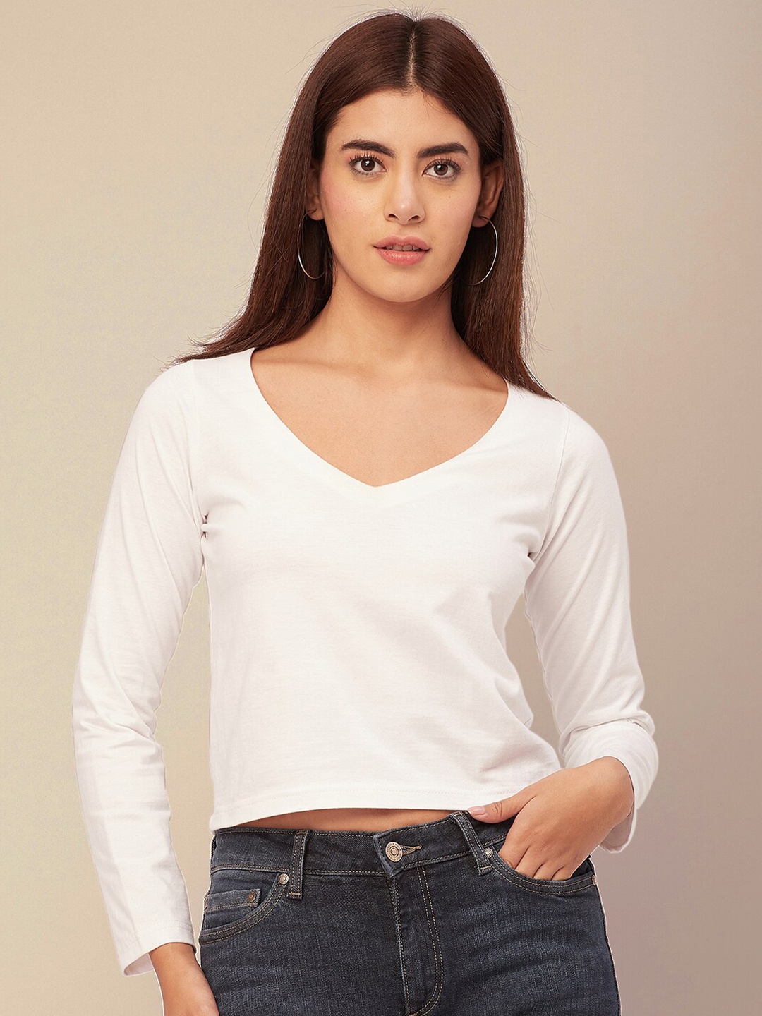 

Moomaya V-Neck Long Sleeves Crop Top, White