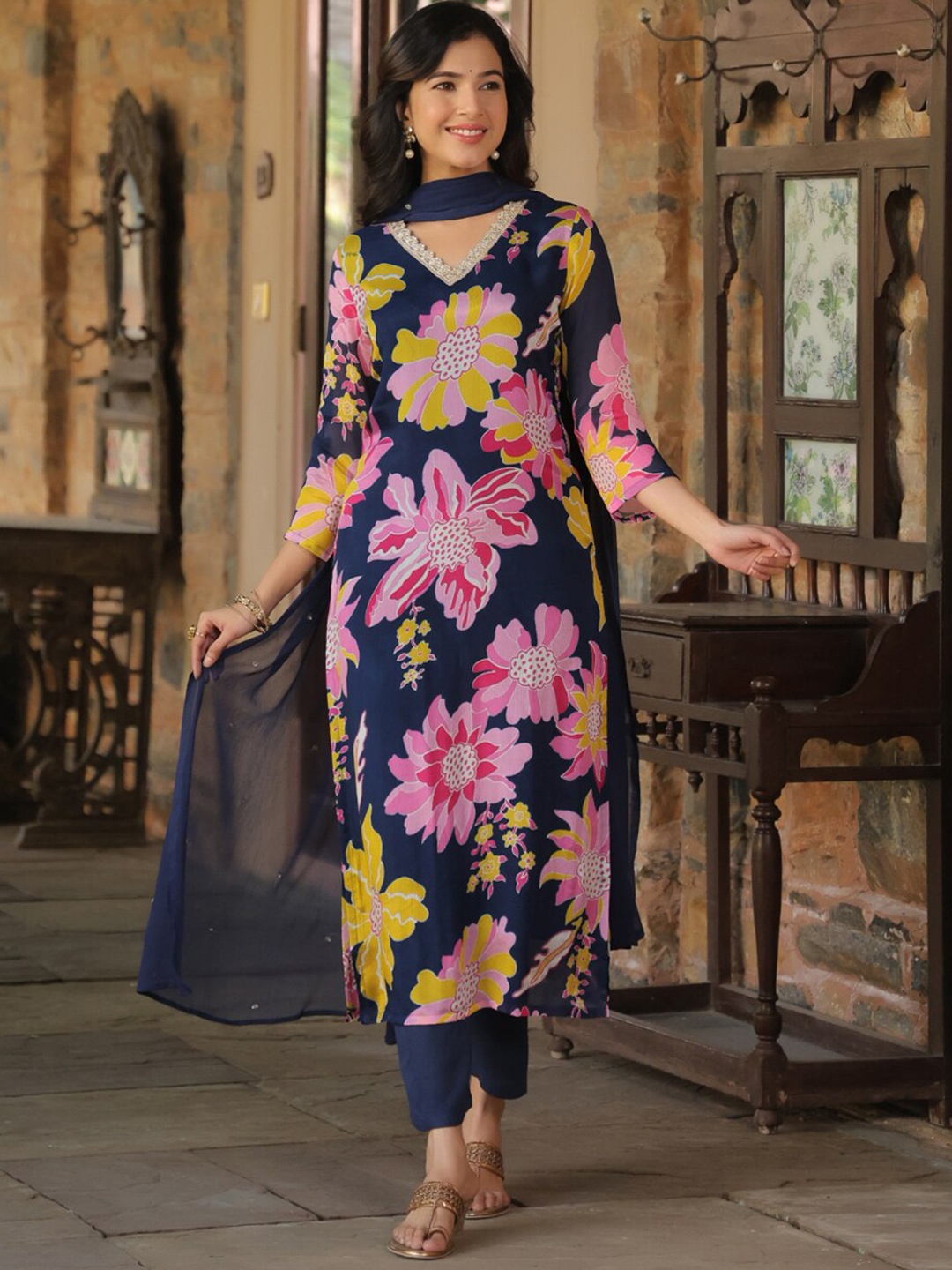 

KALINI Floral Printed Kurta With Trousers & Dupatta, Navy blue