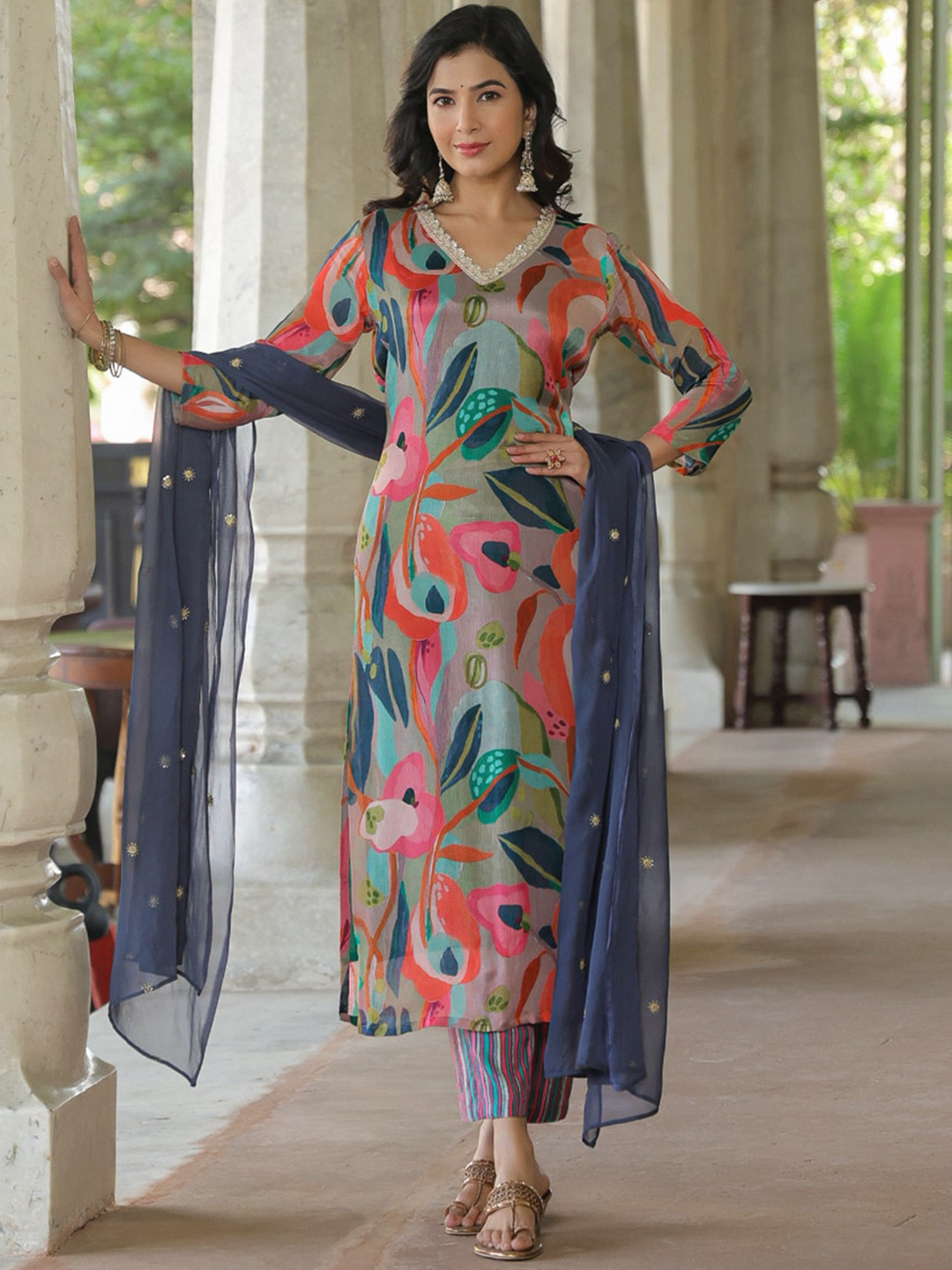 

KALINI Floral Printed Kurta With Trousers & Dupatta, Fuchsia
