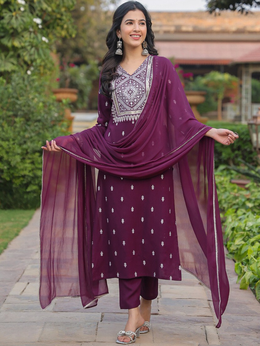 

KALINI Ethnic Motifs Embroidered Kurta with Trousers & With Dupatta, Magenta