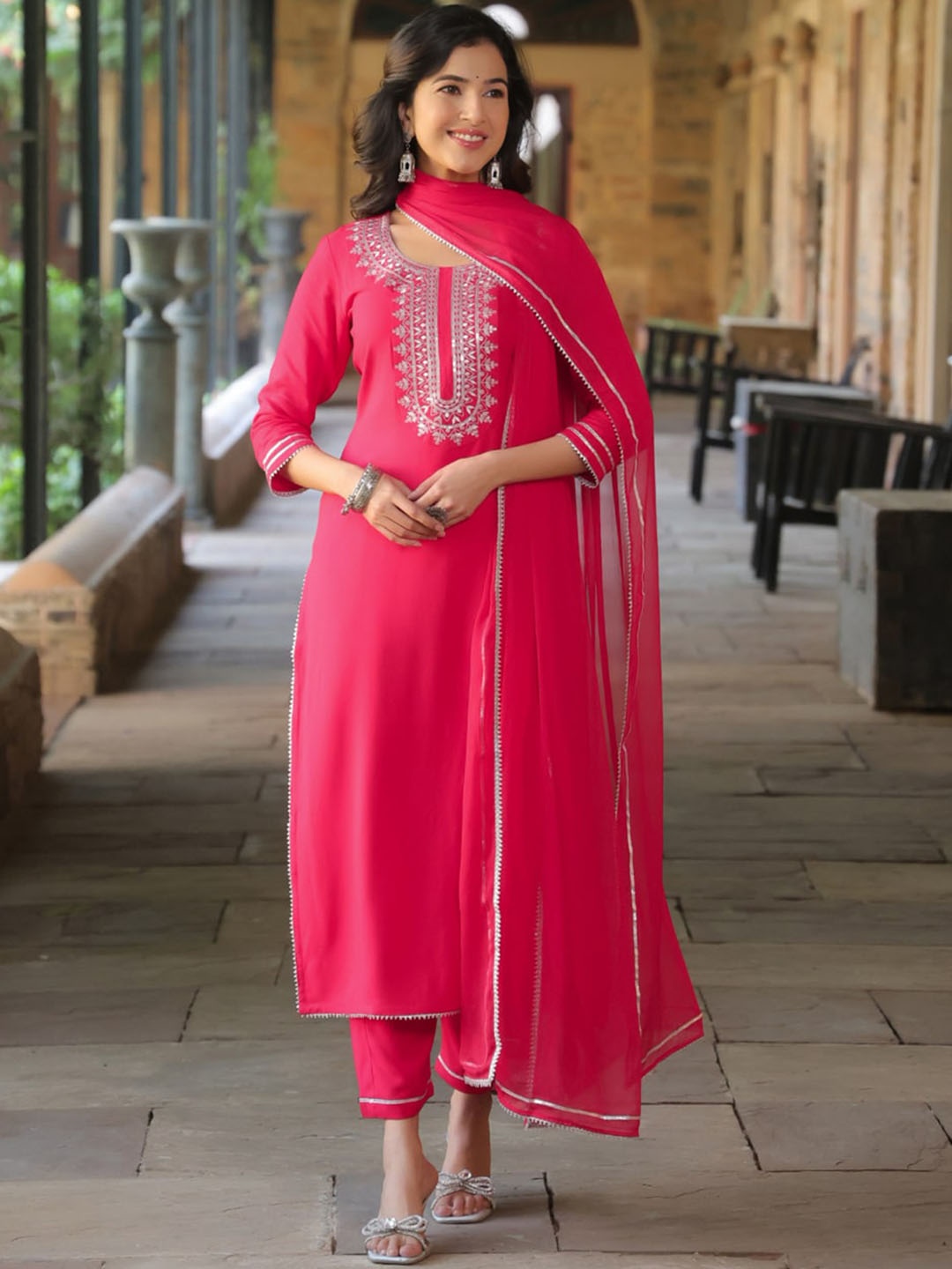 

KALINI Round Neck Kurta with Trousers & With Dupatta, Pink