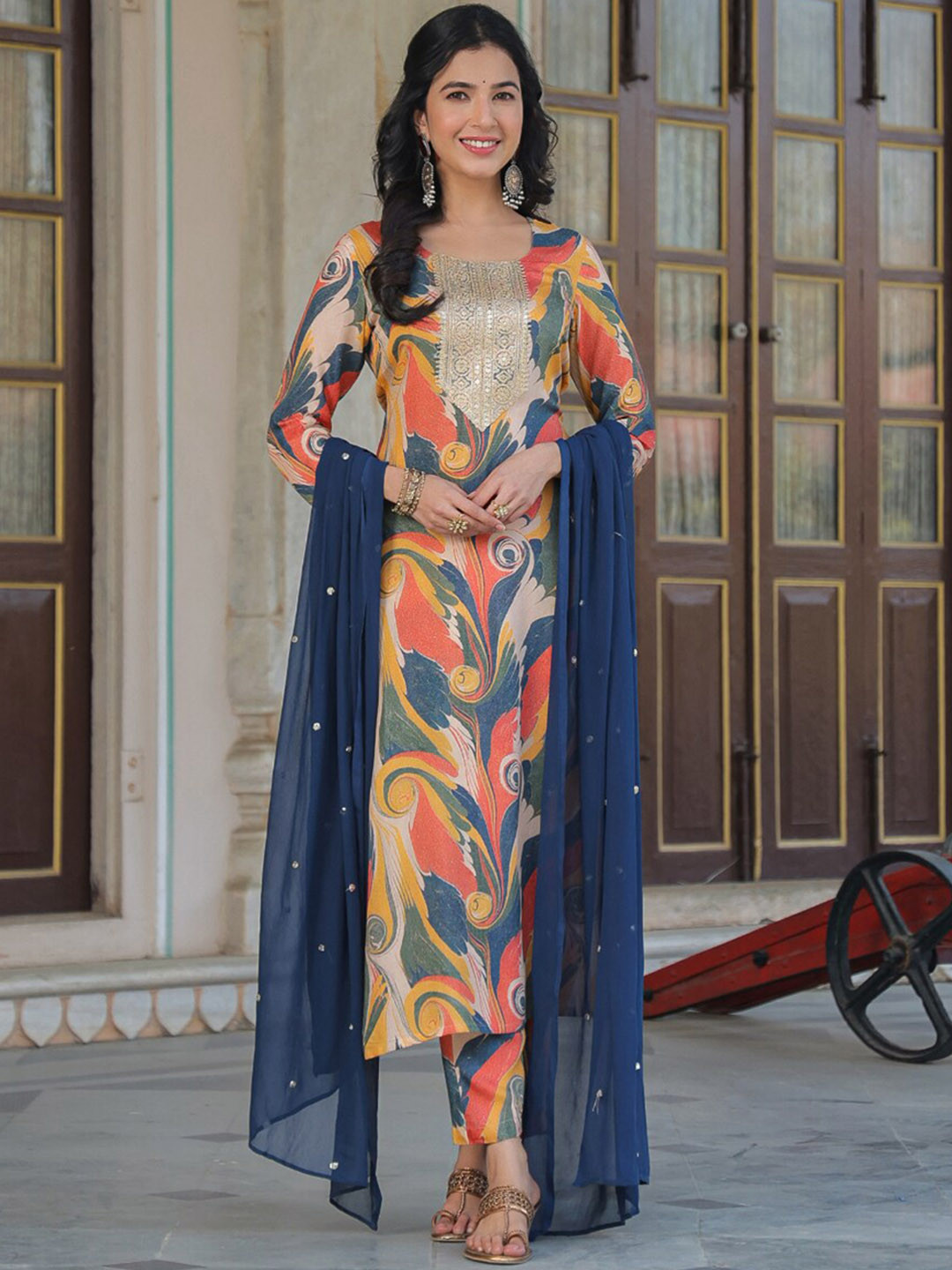 

KALINI Abstract Printed Kurta With Trousers & Dupatta, Orange