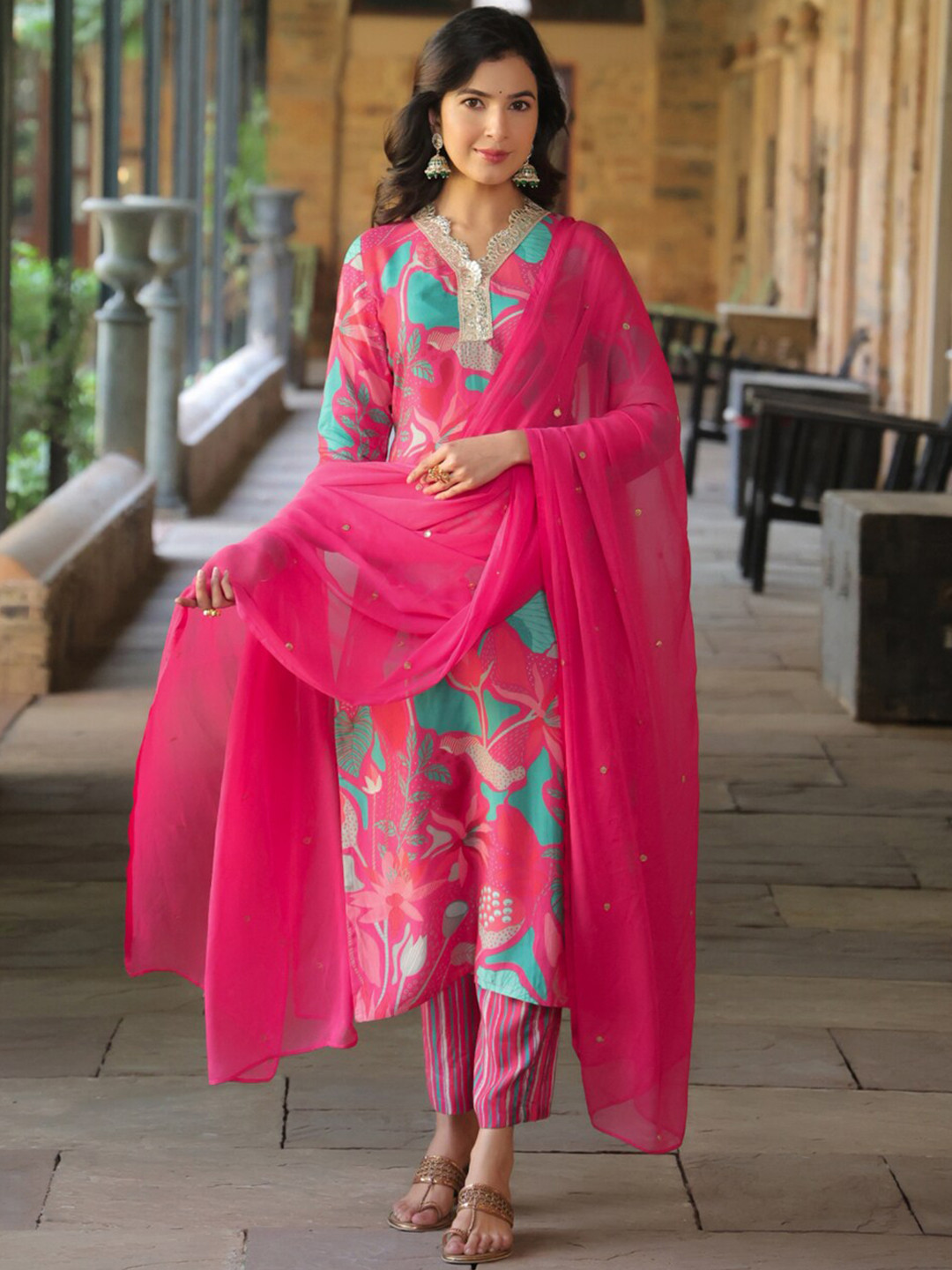 

KALINI Floral Printed V-Neck Kurta with Trousers & Dupatta, Peach