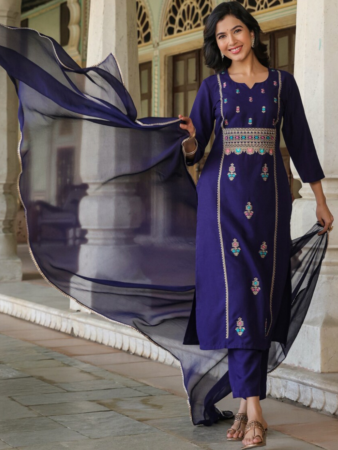 

KALINI Yoke & Boder Design Embroidered Kurta with Trousers & Dupatta, Navy blue