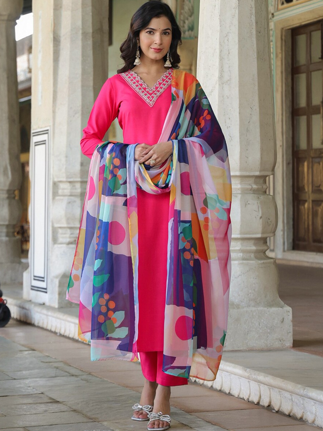 

KALINI V-Neck Kurta With Trousers & Dupatta, Pink