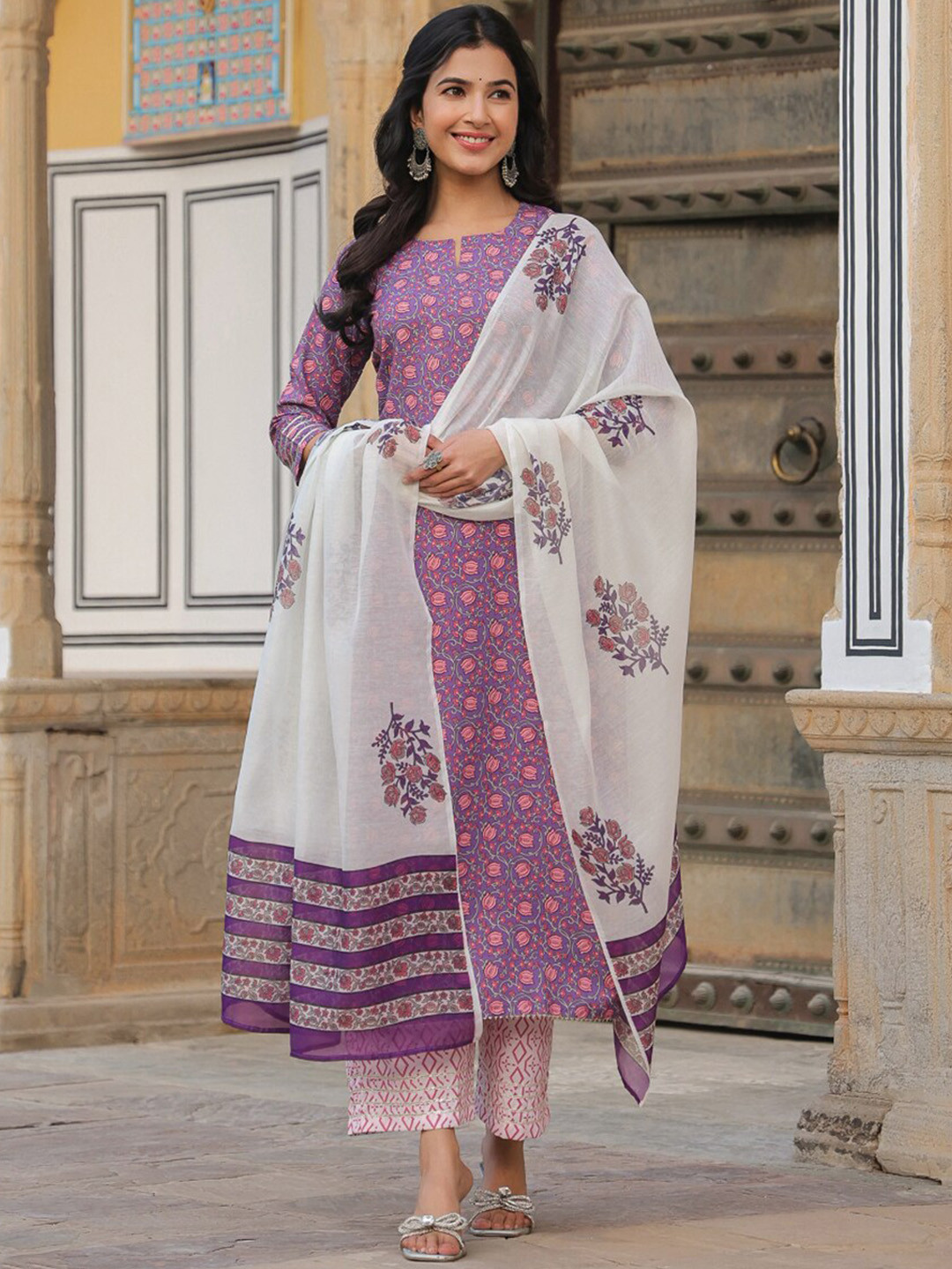 

KALINI Floral Printed Kurta With Trousers & Dupatta, Purple