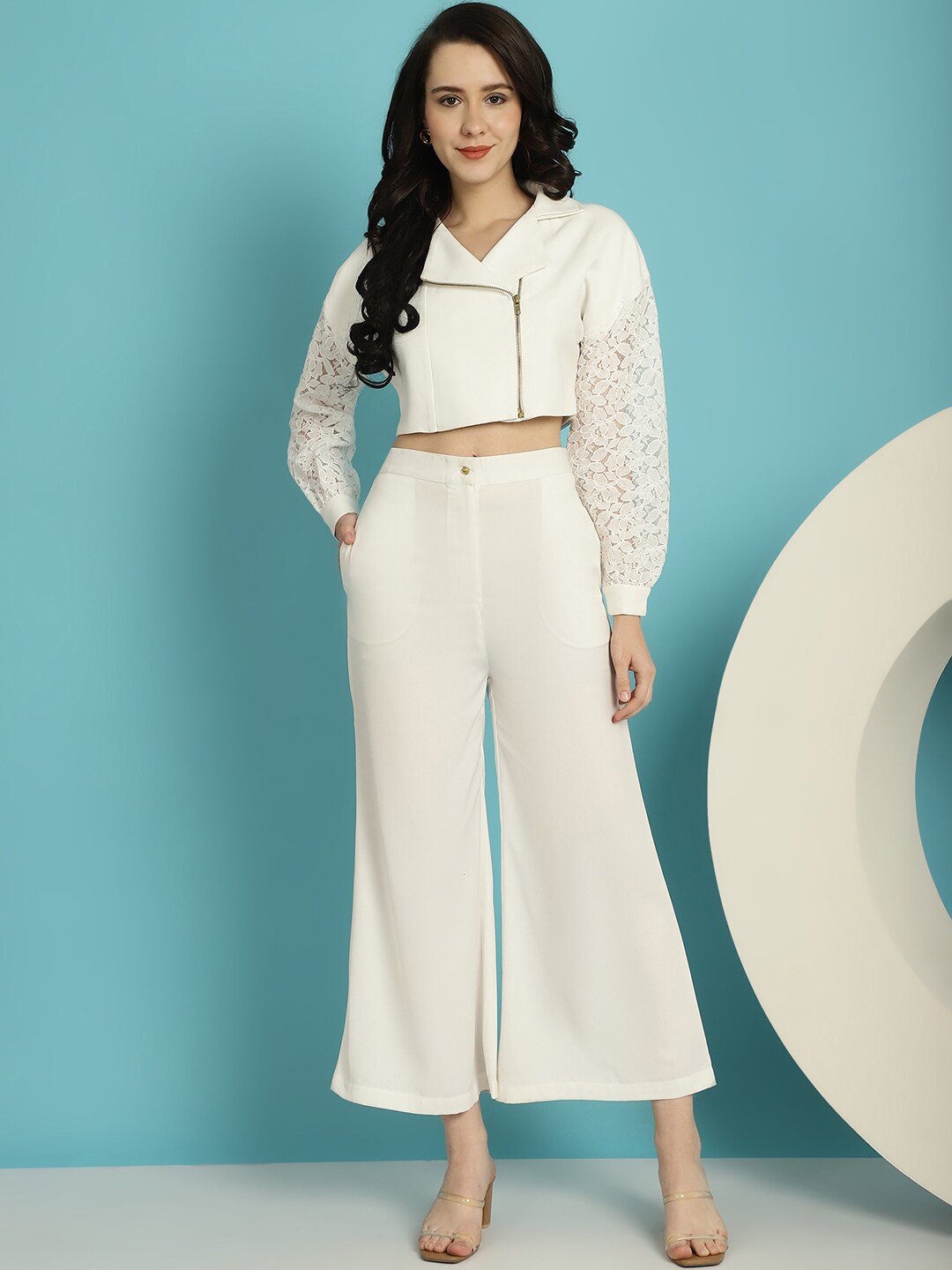 

BLANC9 Lace Zip-Front Crop Top With Trousers Co-Ords, Off white