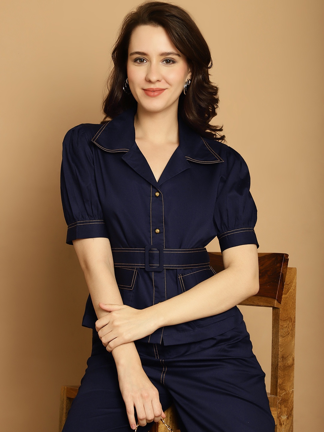 

BLANC9 Belted Cotton Satin Shirt With Trousers Co-Ords, Navy blue