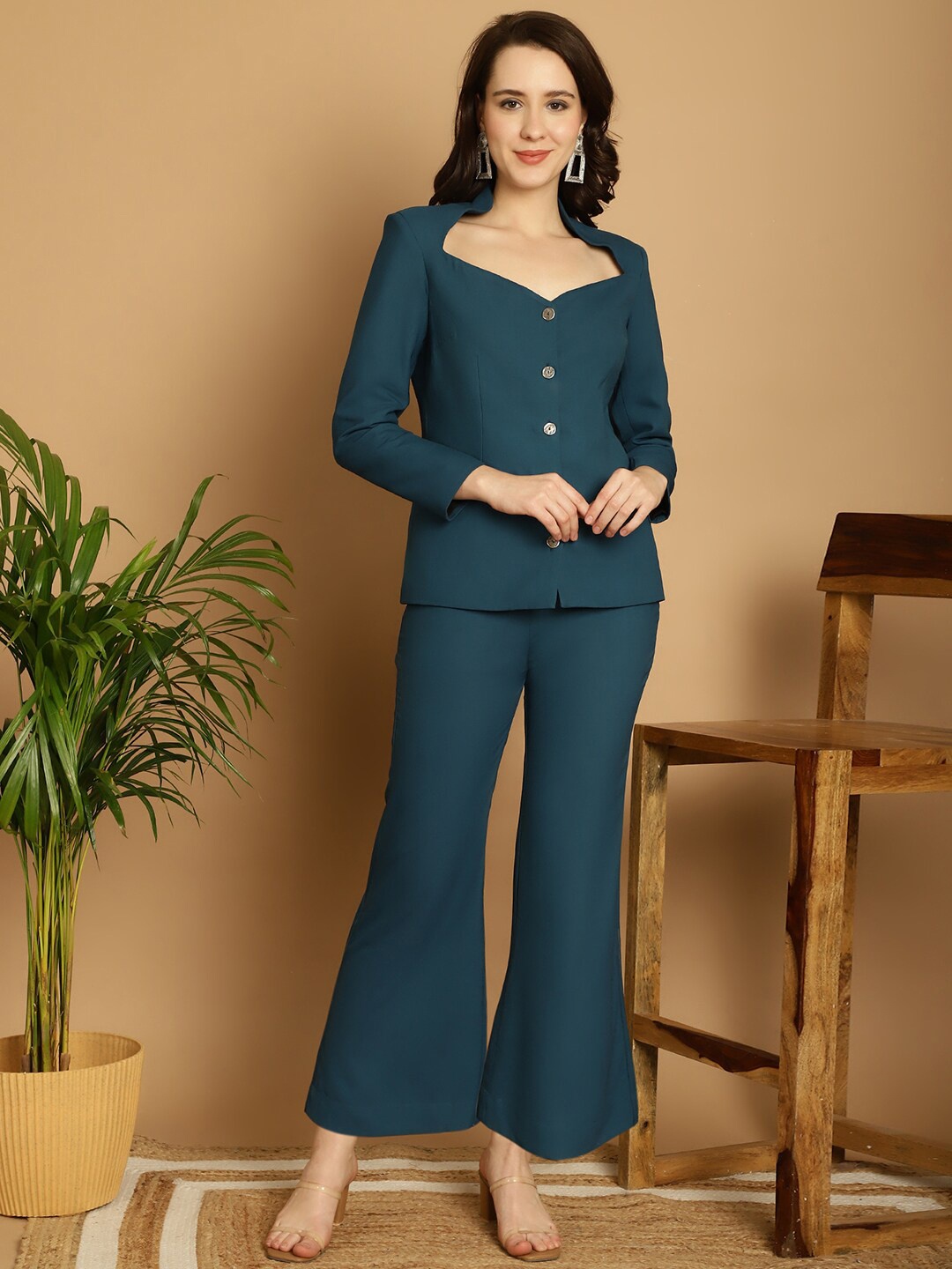 

BLANC9 Sweetheart Neck Top With Flared Trouser, Teal