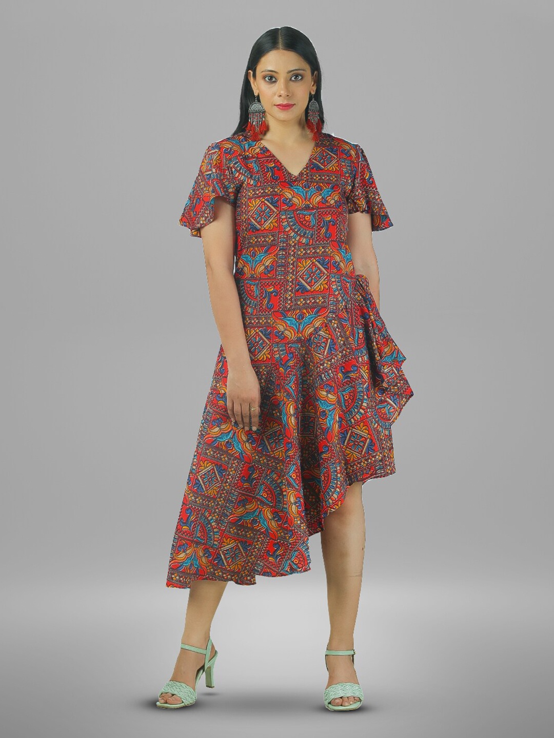 

BAESD Ethnic Motifs Printed V-Neck Flared Sleeve Ruffled A-Line Midi Dress, Maroon