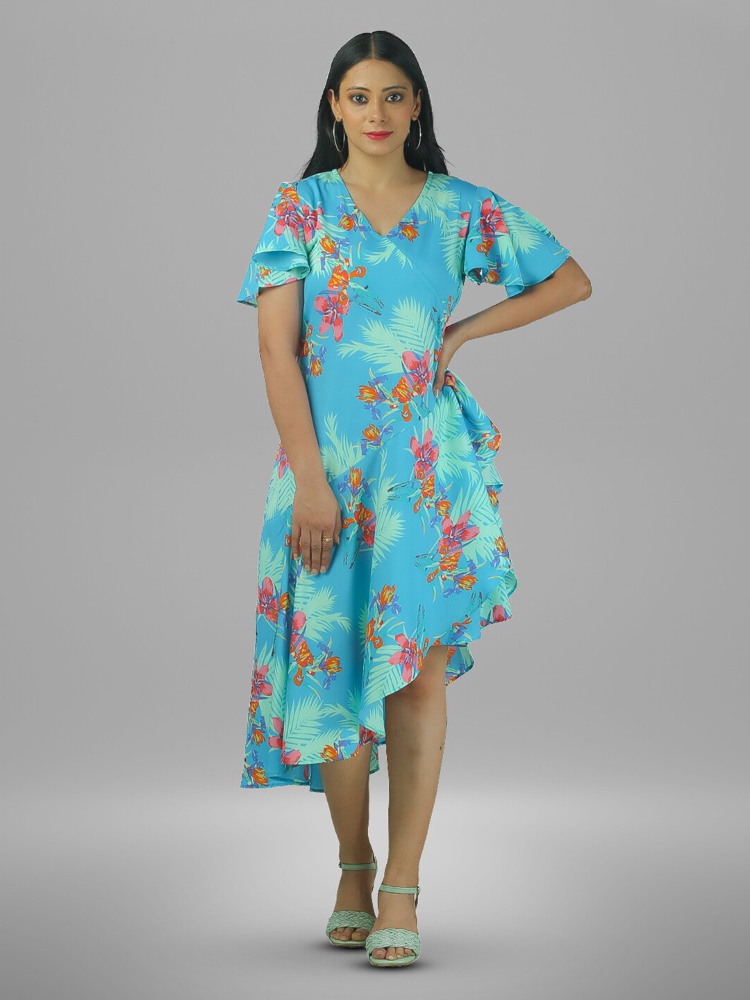 

BAESD Floral Printed V-Neck Flared Sleeve Ruffled A-Line Midi Dress, Blue