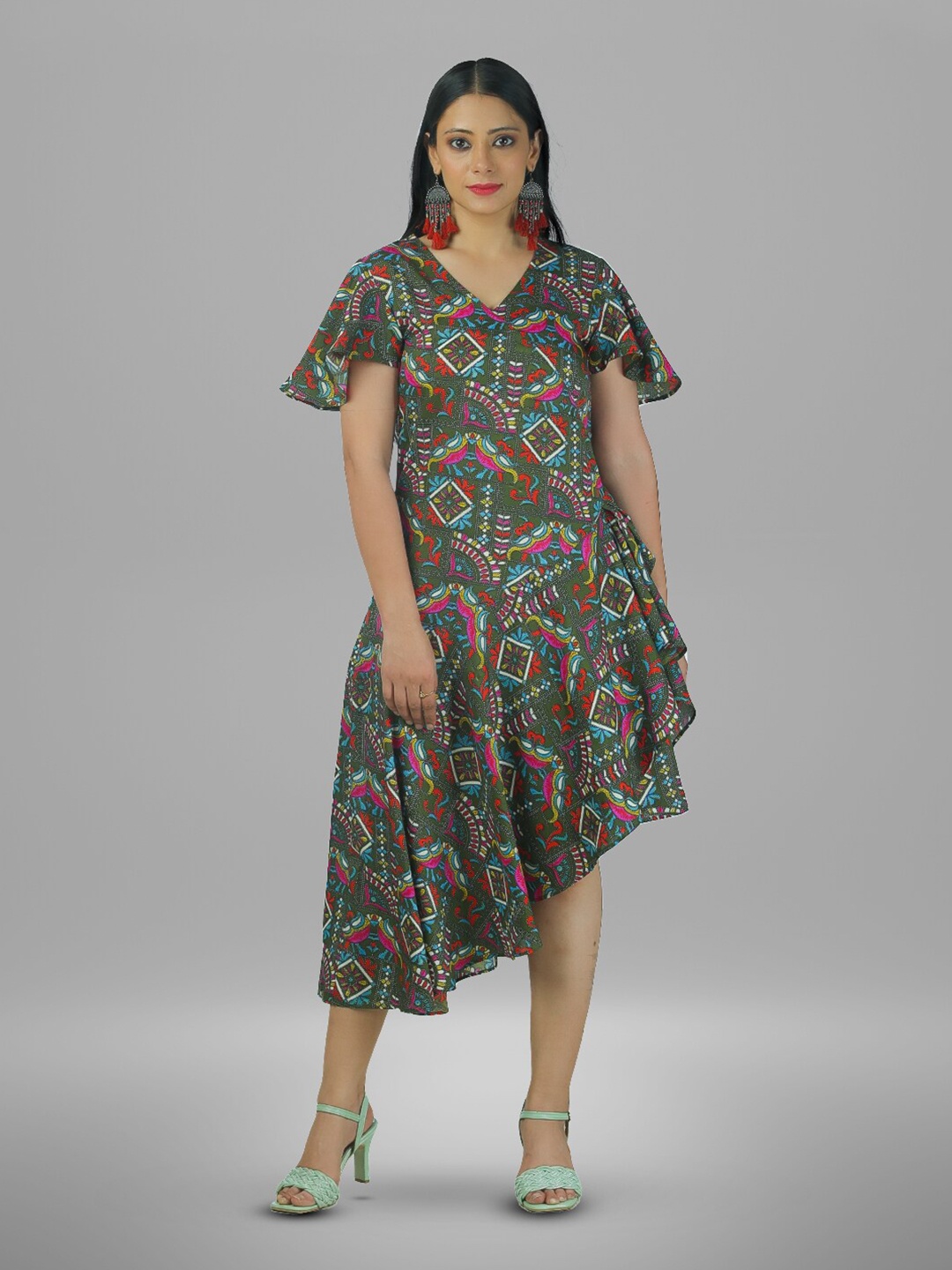 

BAESD Ethnic Motifs Printed V-Neck Flared Sleeve Ruffled A-Line Midi Dress, Olive