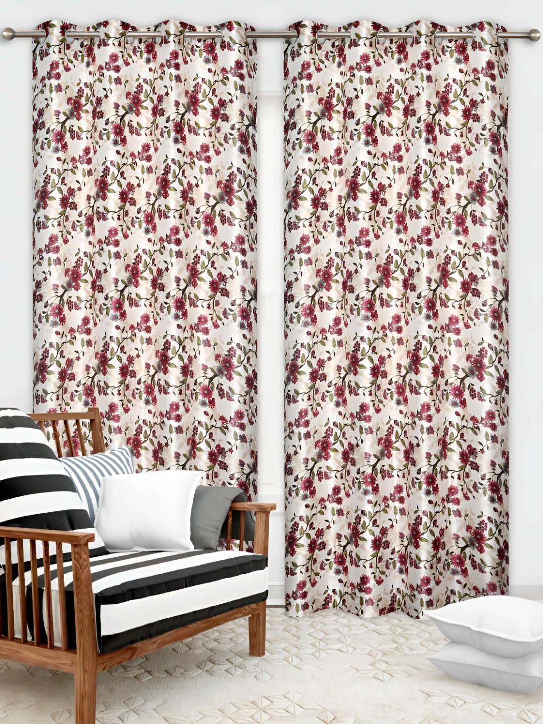 

REYANSH DECOR Red & Off White 2 Pieces Floral Door Curtains