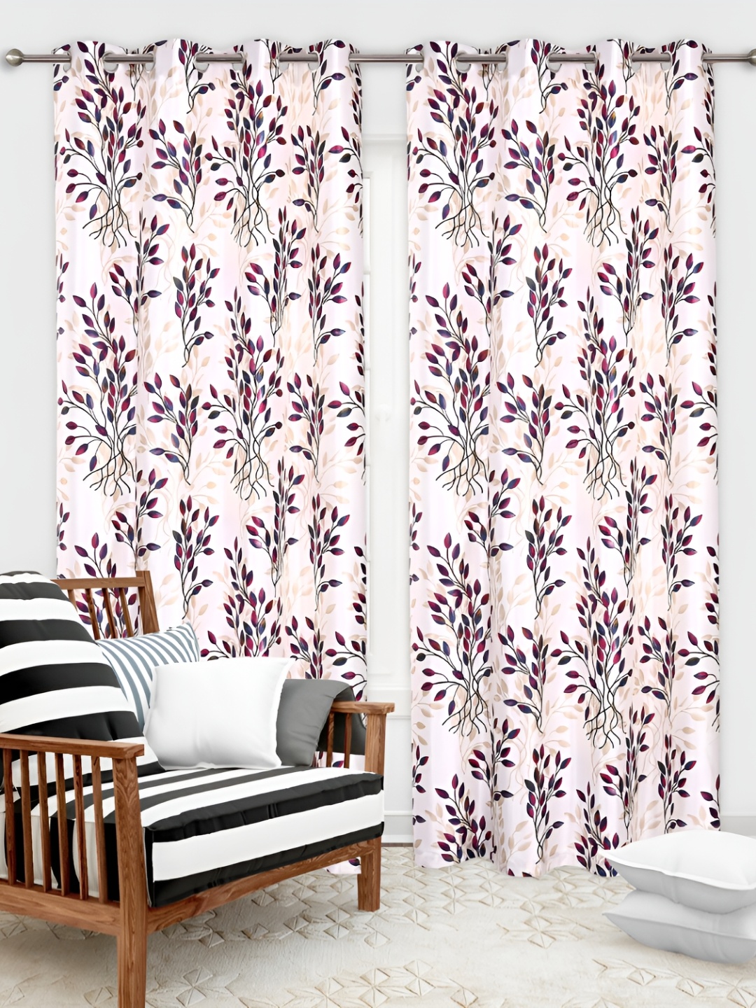 

REYANSH DECOR Magenta & Off White 2 Pieces Floral Window Curtains