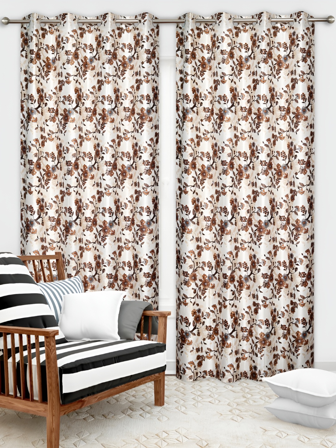 

REYANSH DECOR Off White & Brown 2 Pieces Floral Window Curtain