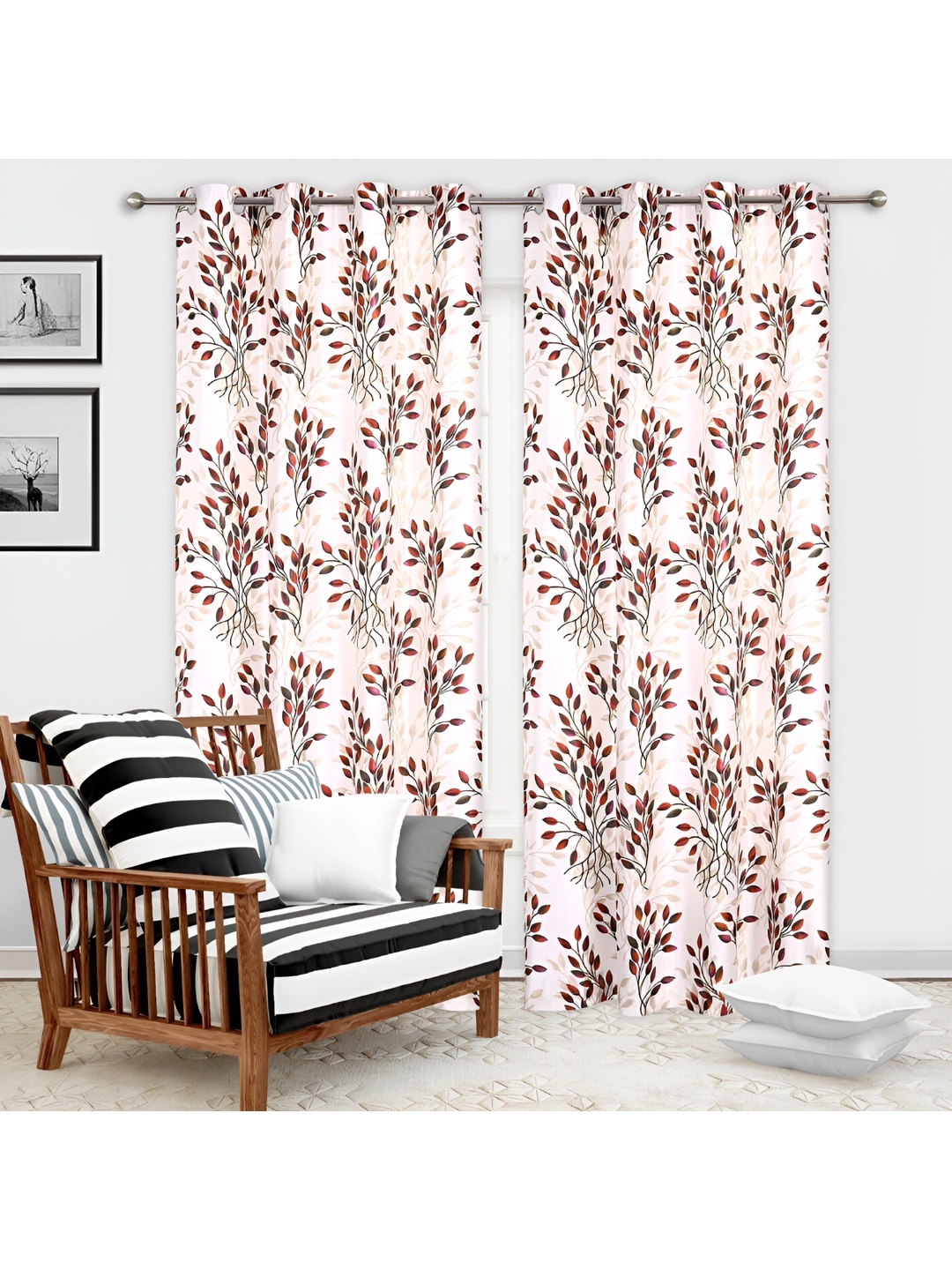 REYANSH DECOR Orange & Off White 2 Pieces Floral Door Curtains
