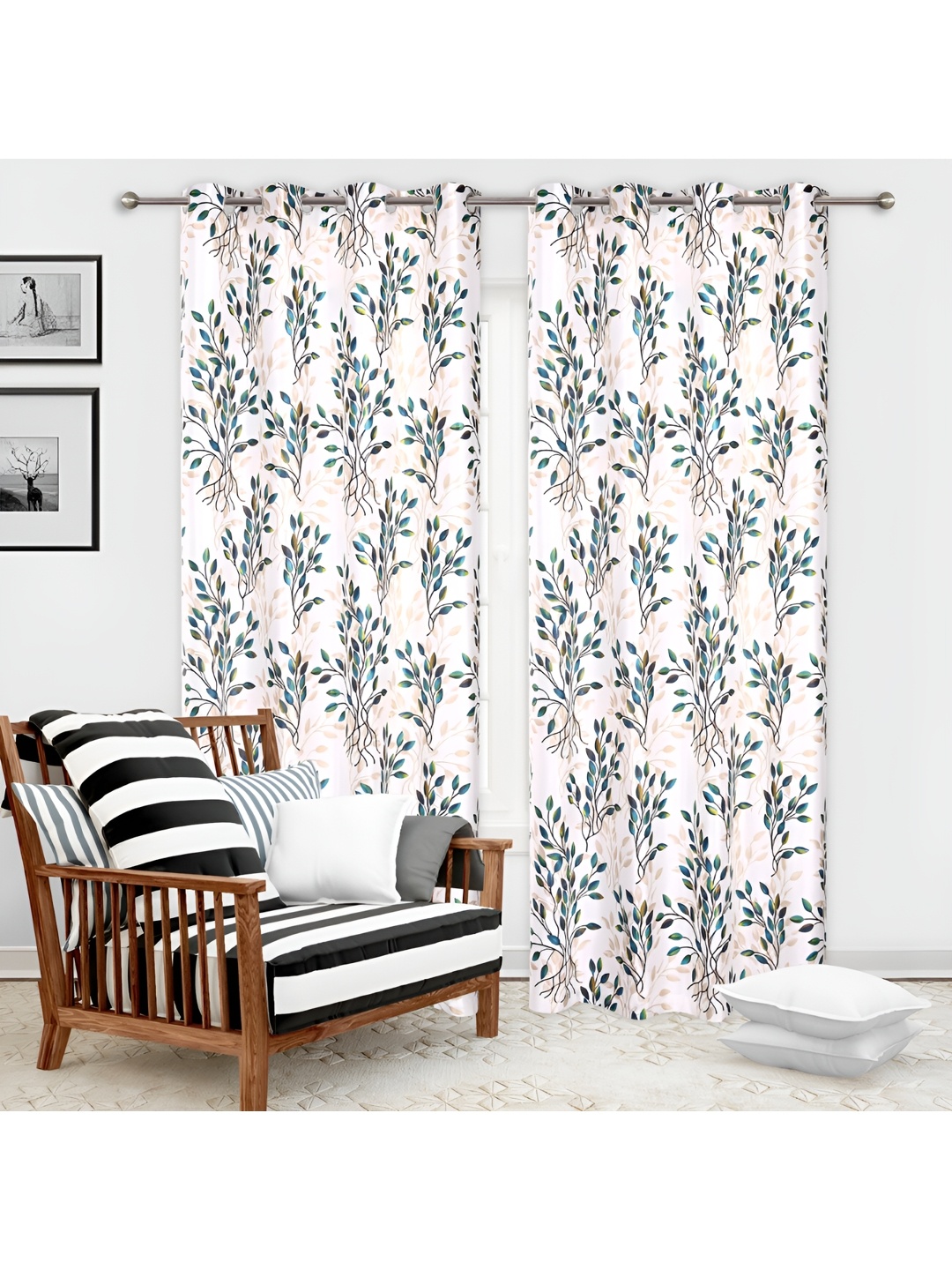 

REYANSH DECOR Turquoise Blue & Off White 2 Pieces Floral Door Curtains