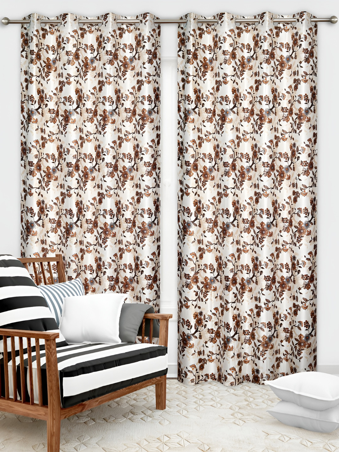 

REYANSH DECOR Brown & Off White 2 Pieces Floral Long Door Curtains