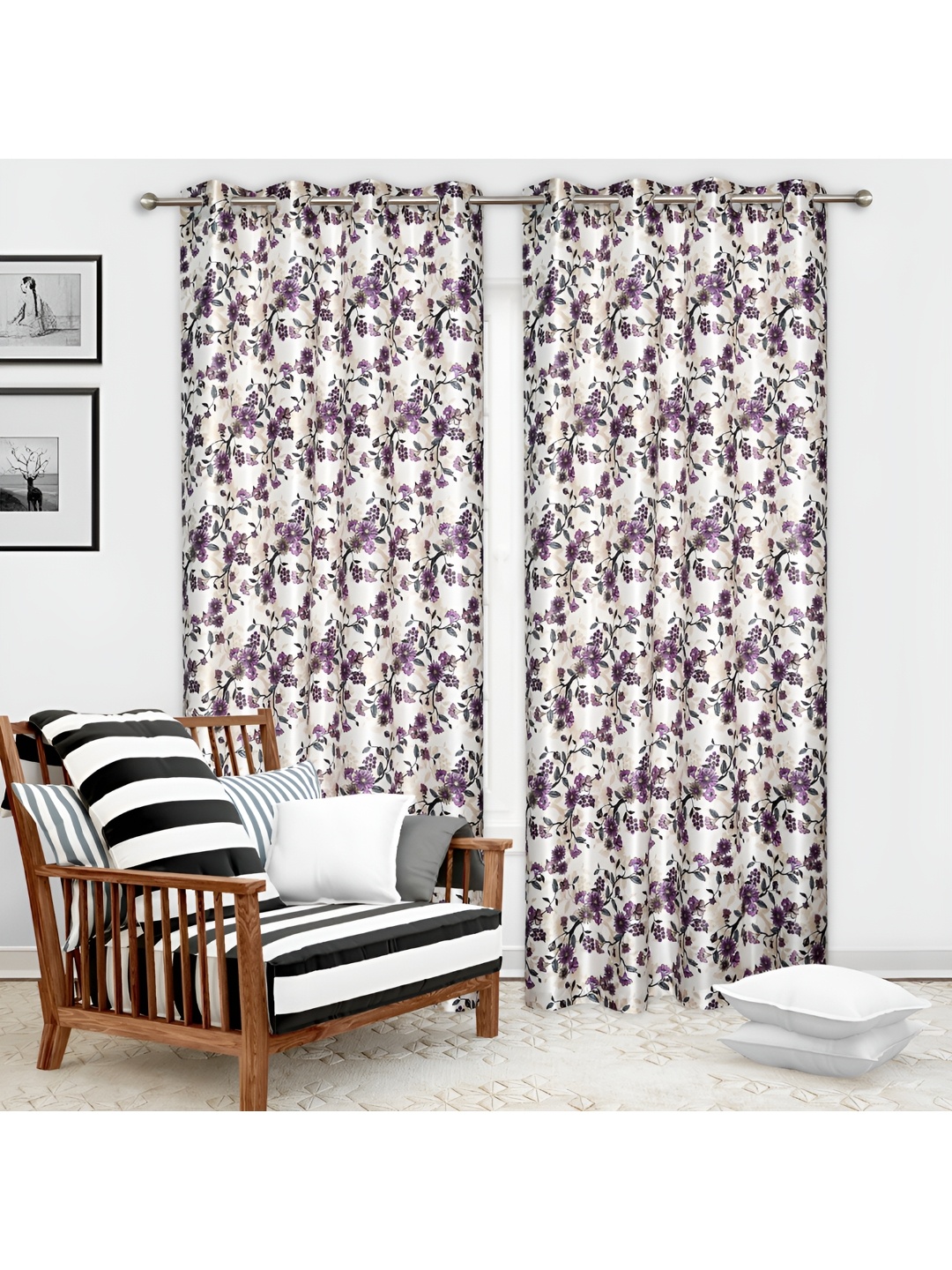 

REYANSH DECOR Off White & Purple 2 Pieces Floral Window Curtain