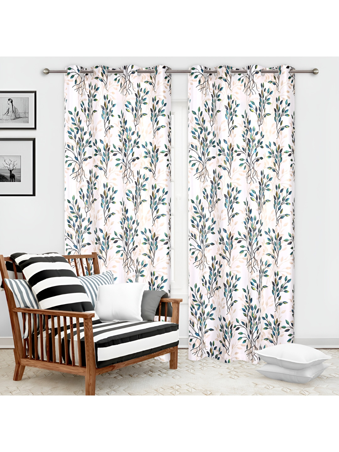 

REYANSH DECOR Off White & Blue 2 Pieces Floral Long Door Curtain