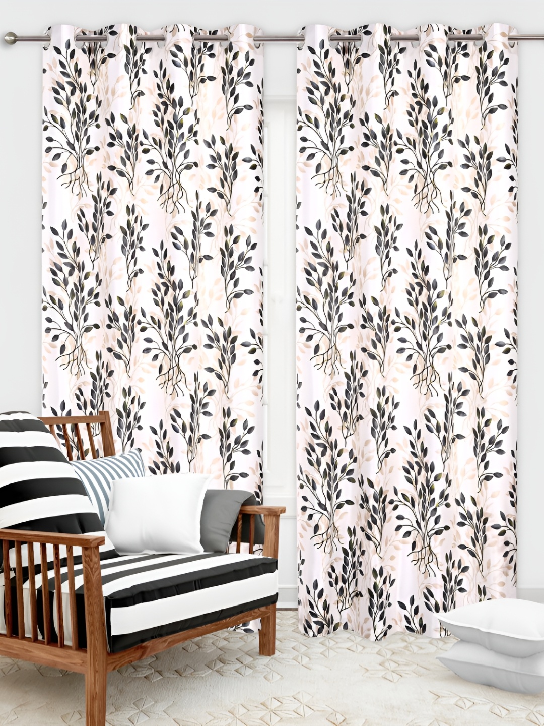 

REYANSH DECOR Grey & Off White 2 Pieces Floral Door Curtain