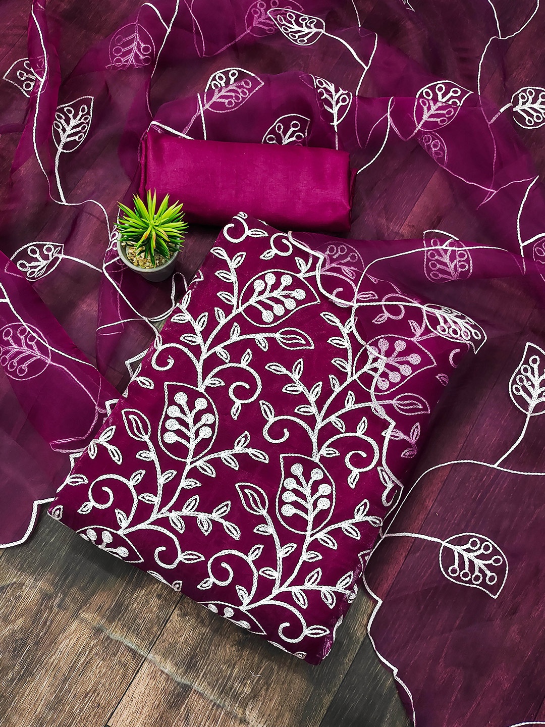 

MANVAA Floral Embroidered Organza Unstitched Dress Material, Magenta