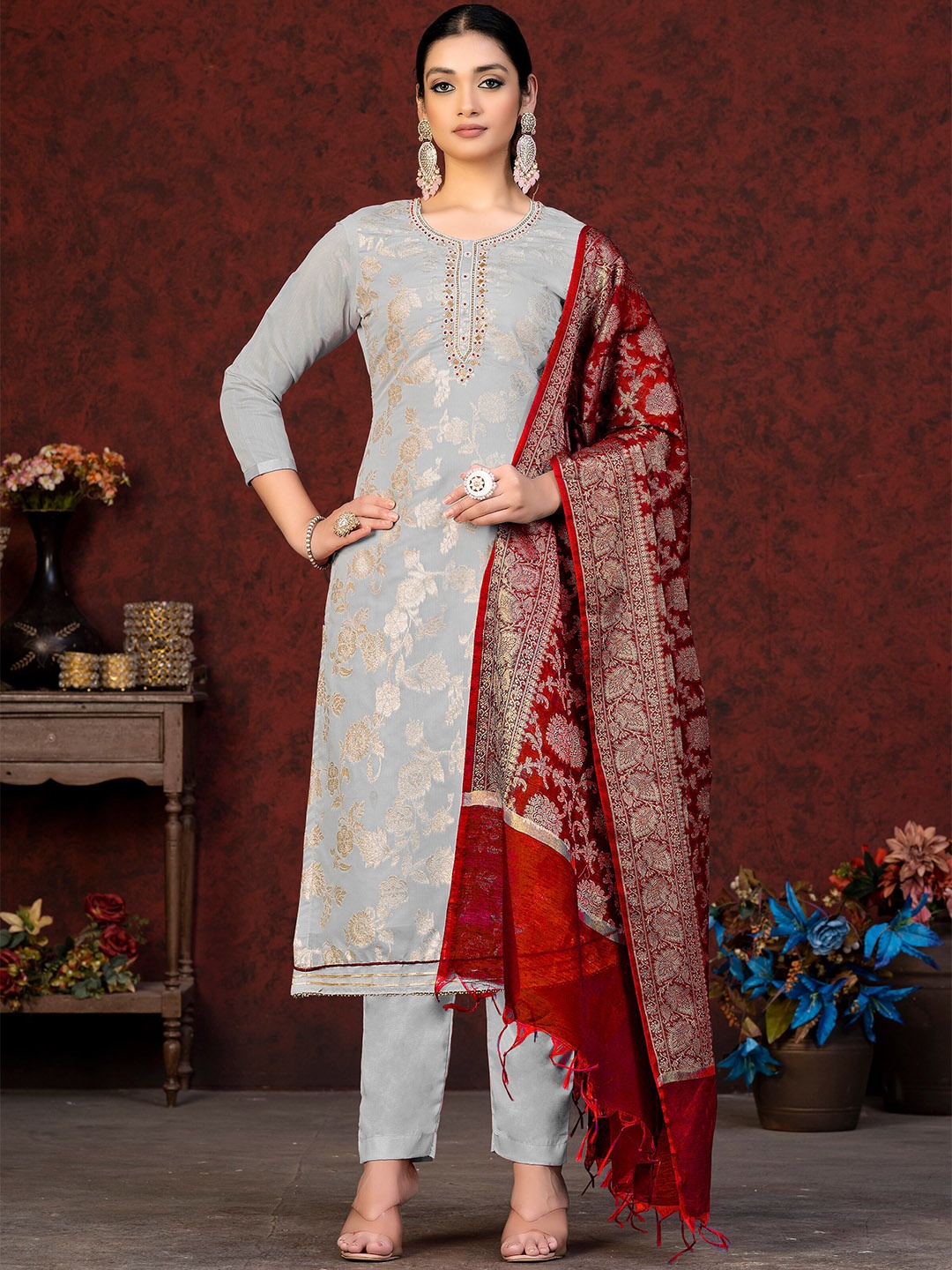

MANVAA Ethnic Motif Woven Design Unstitched Dress Material, Grey