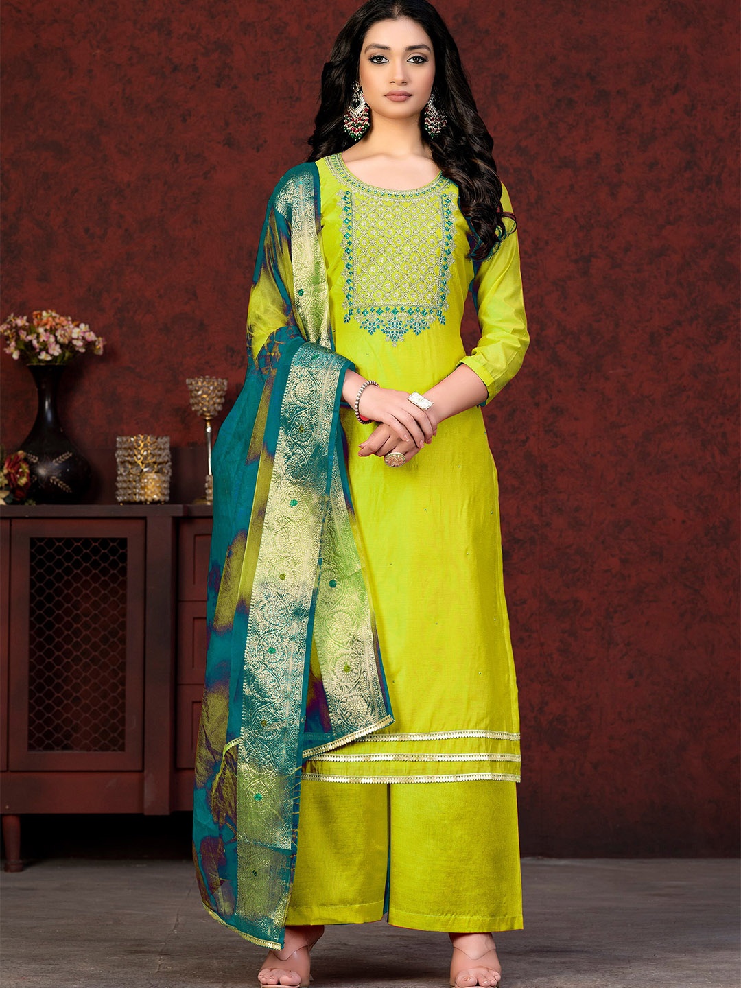 

MANVAA Ethnic Motifs Embroidered Beads and Stones Unstitched Dress Material, Green