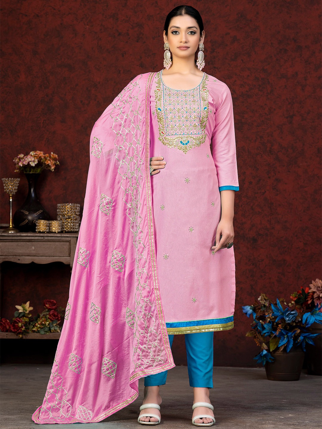 

MANVAA Ethnic Motifs Embroidered Gotta Patti Unstitched Dress Material, Pink