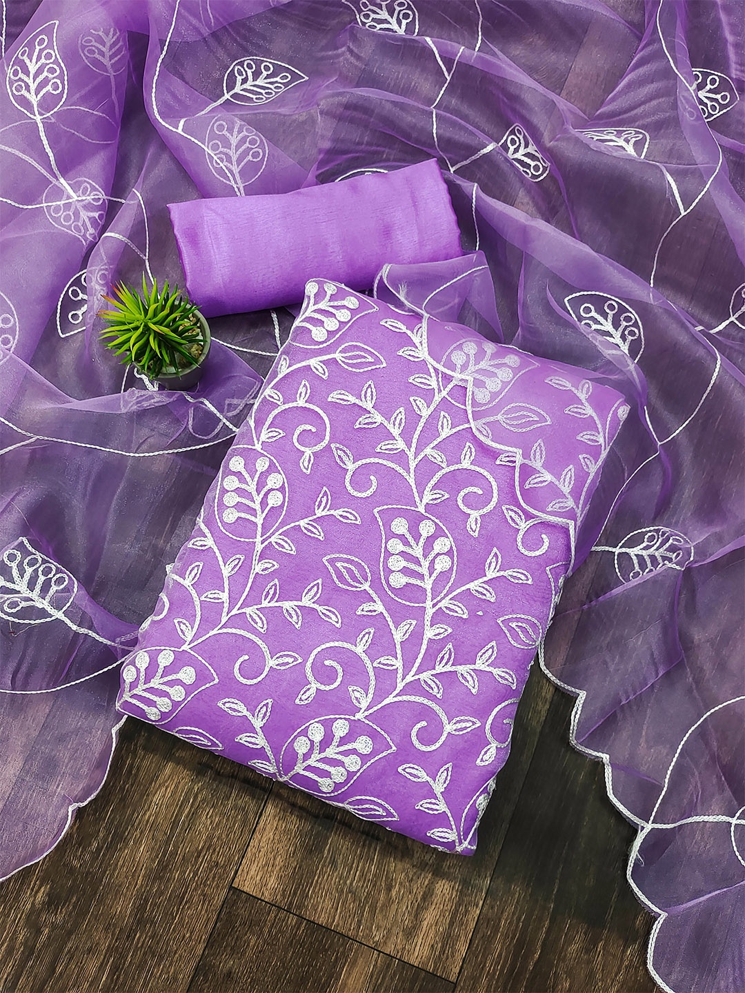 

MANVAA Floral Embroidered Organza Unstitched Dress Material, Purple
