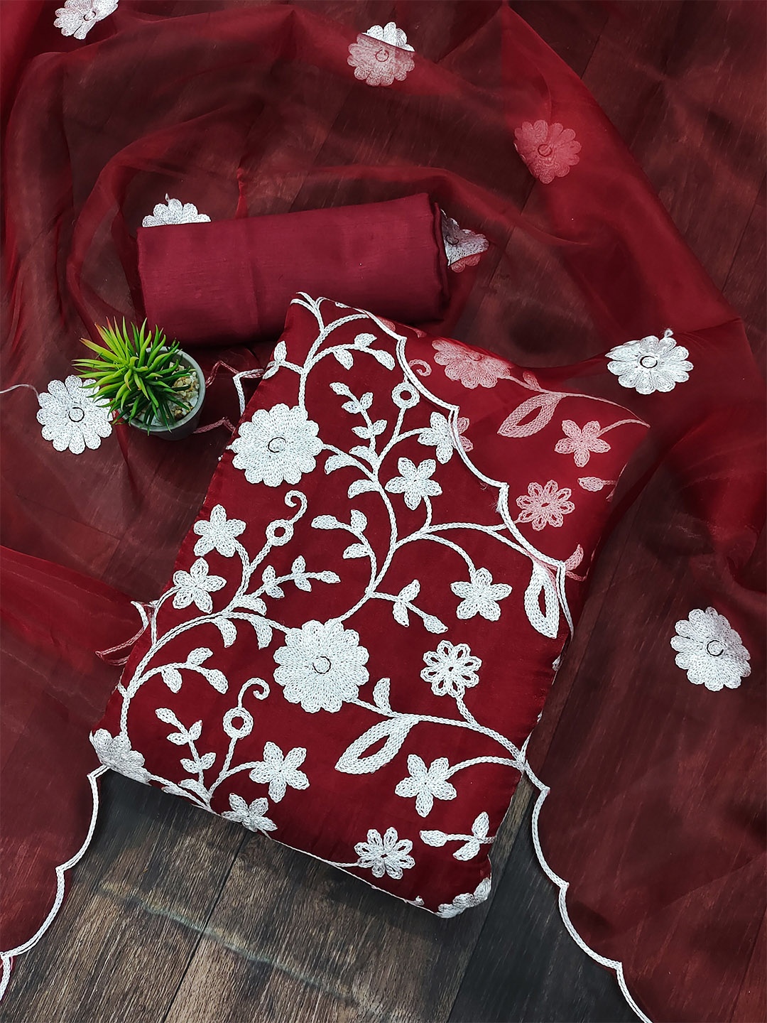 

MANVAA Floral Embroidered Organza Unstitched Dress Material, Maroon