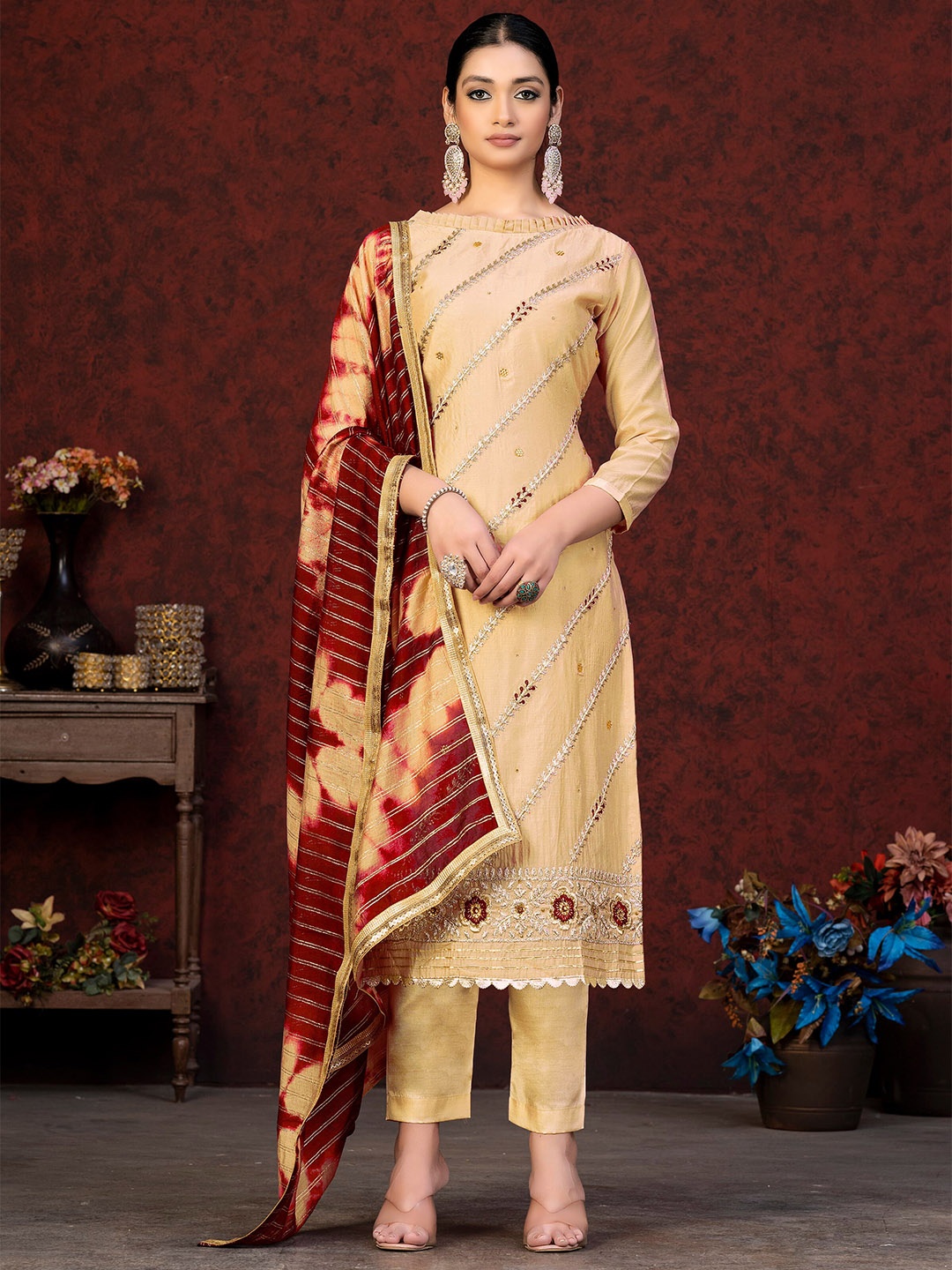 

MANVAA Floral Embroidered Gotta Patti Unstitched Dress Material, Beige