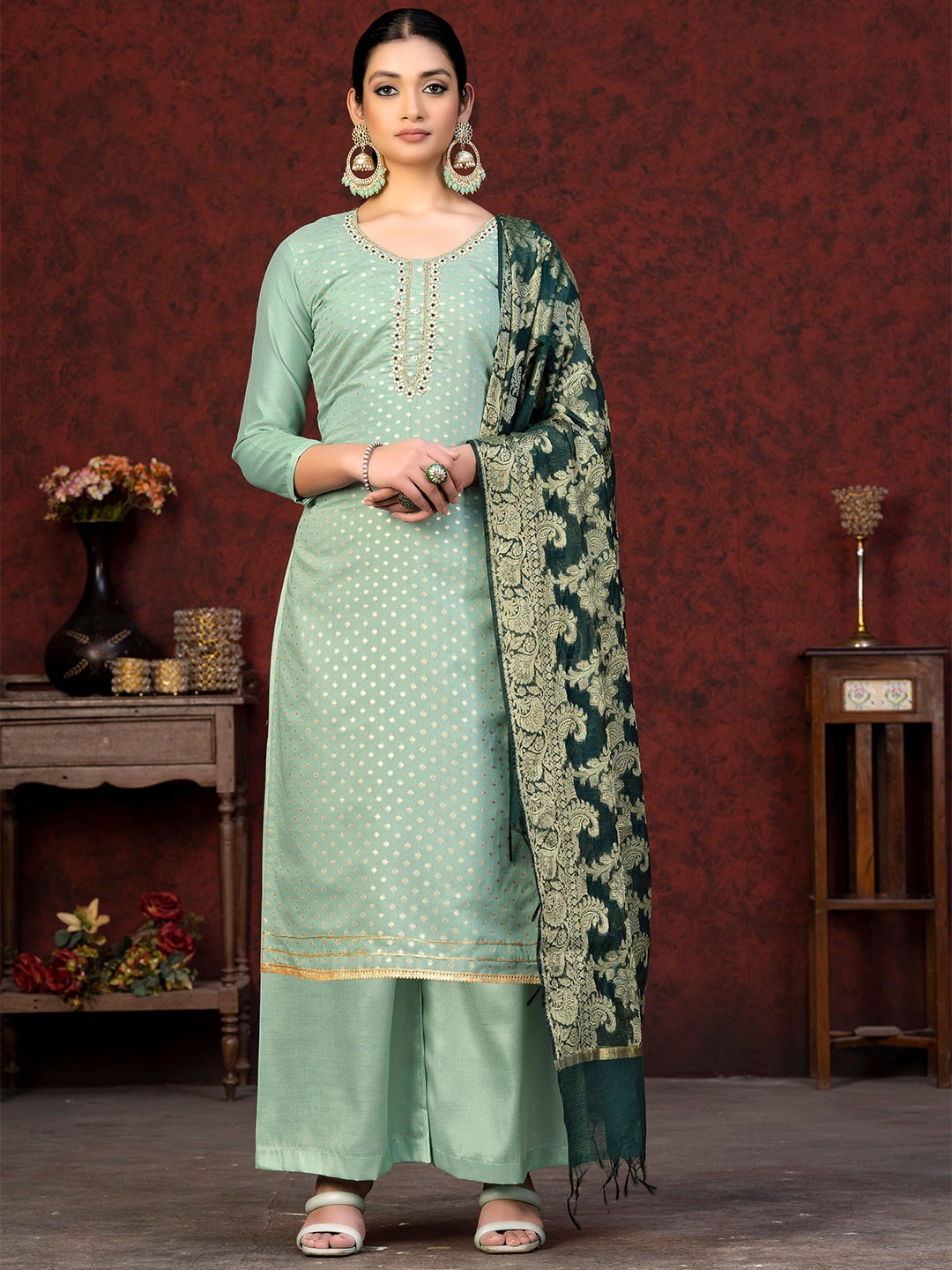 

MANVAA Ethnic Motifs Woven Design Gotta Patti Unstitched Dress Material, Green