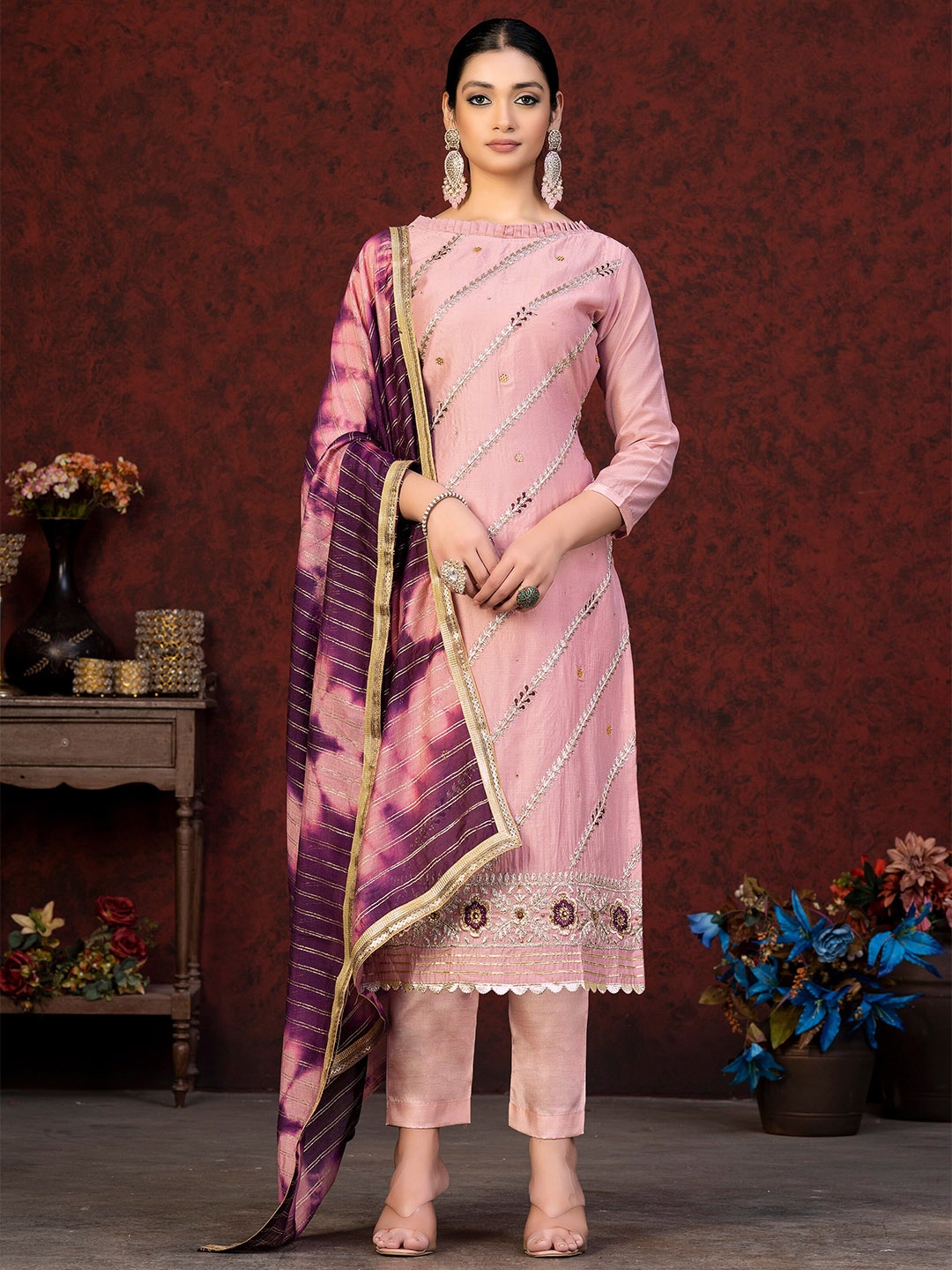 

MANVAA Floral Embroidered Gotta Patti Unstitched Dress Material, Pink