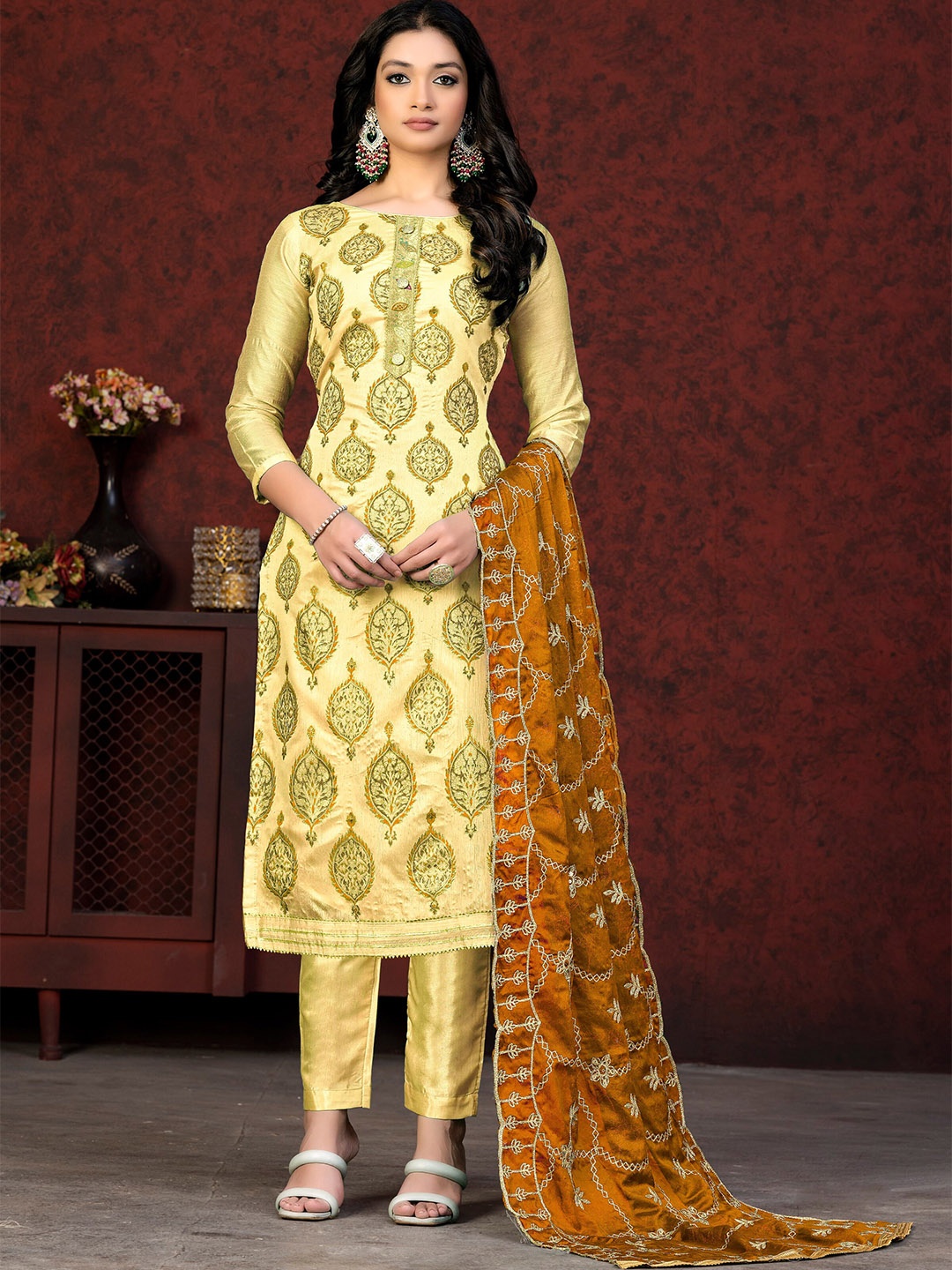 

MANVAA Ethnic Motifs Embroidered Unstitched Dress Material, Yellow