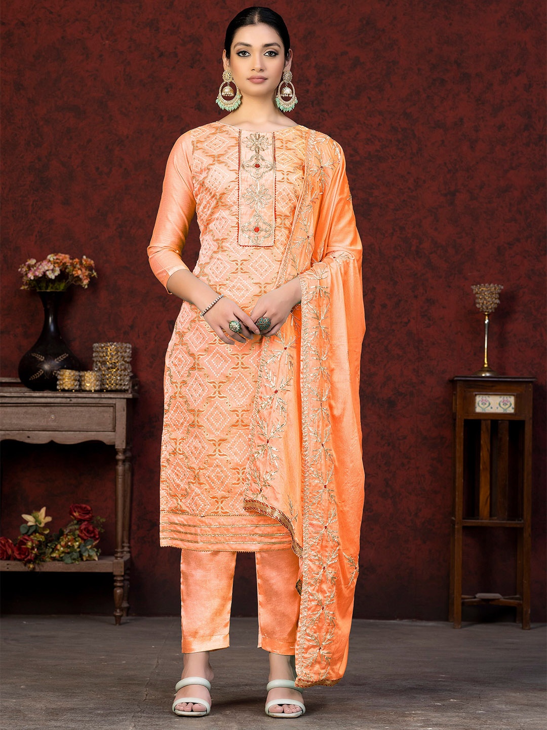 

MANVAA Embroidered Unstitched Dress Material, Peach