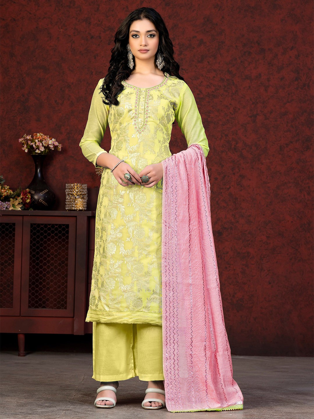 

MANVAA Ethnic Motif Woven Design Unstitched Dress Material, Yellow