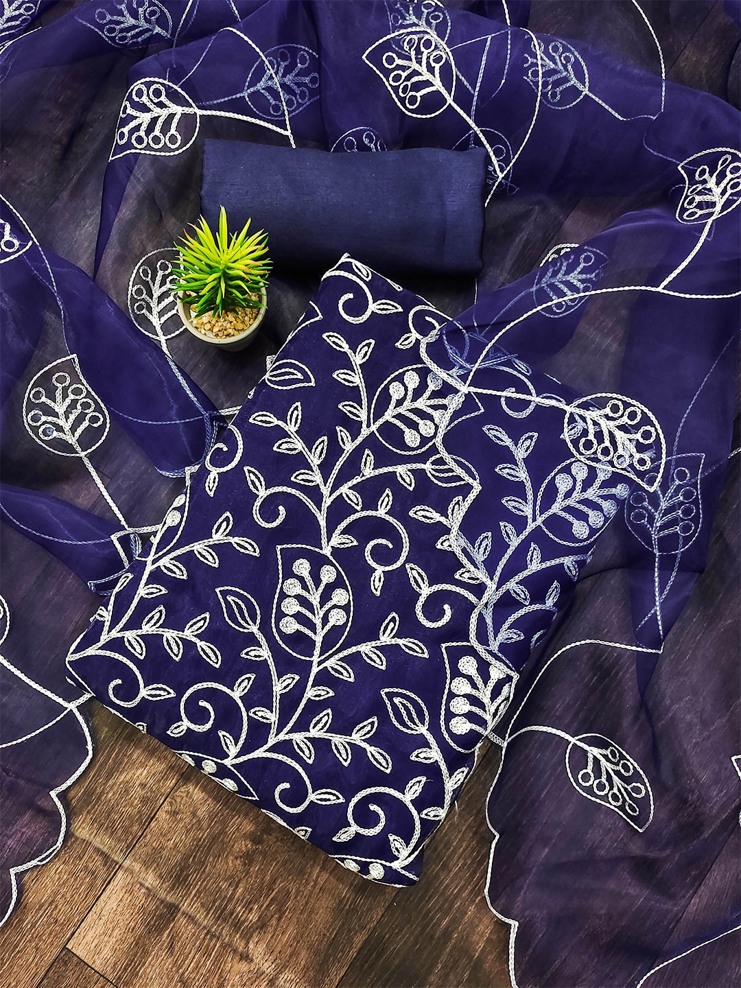 

MANVAA Floral Embroidered Organza Unstitched Dress Material, Blue