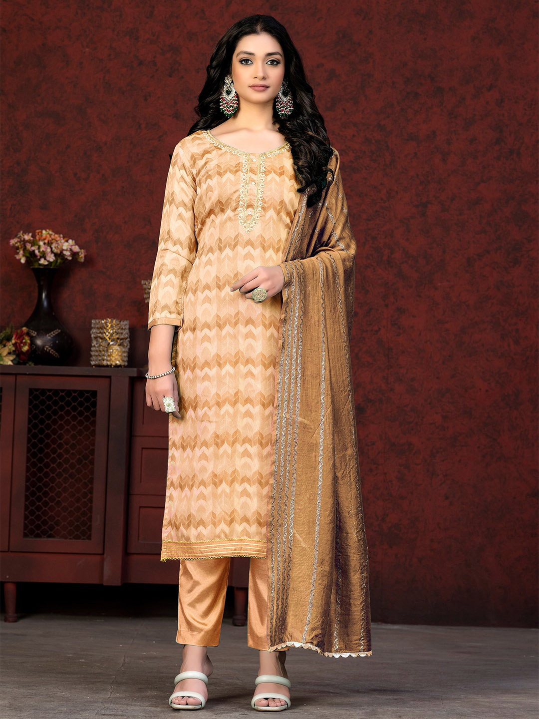 

MANVAA Geometric Printed Gotta Patti Unstitched Dress Material, Beige