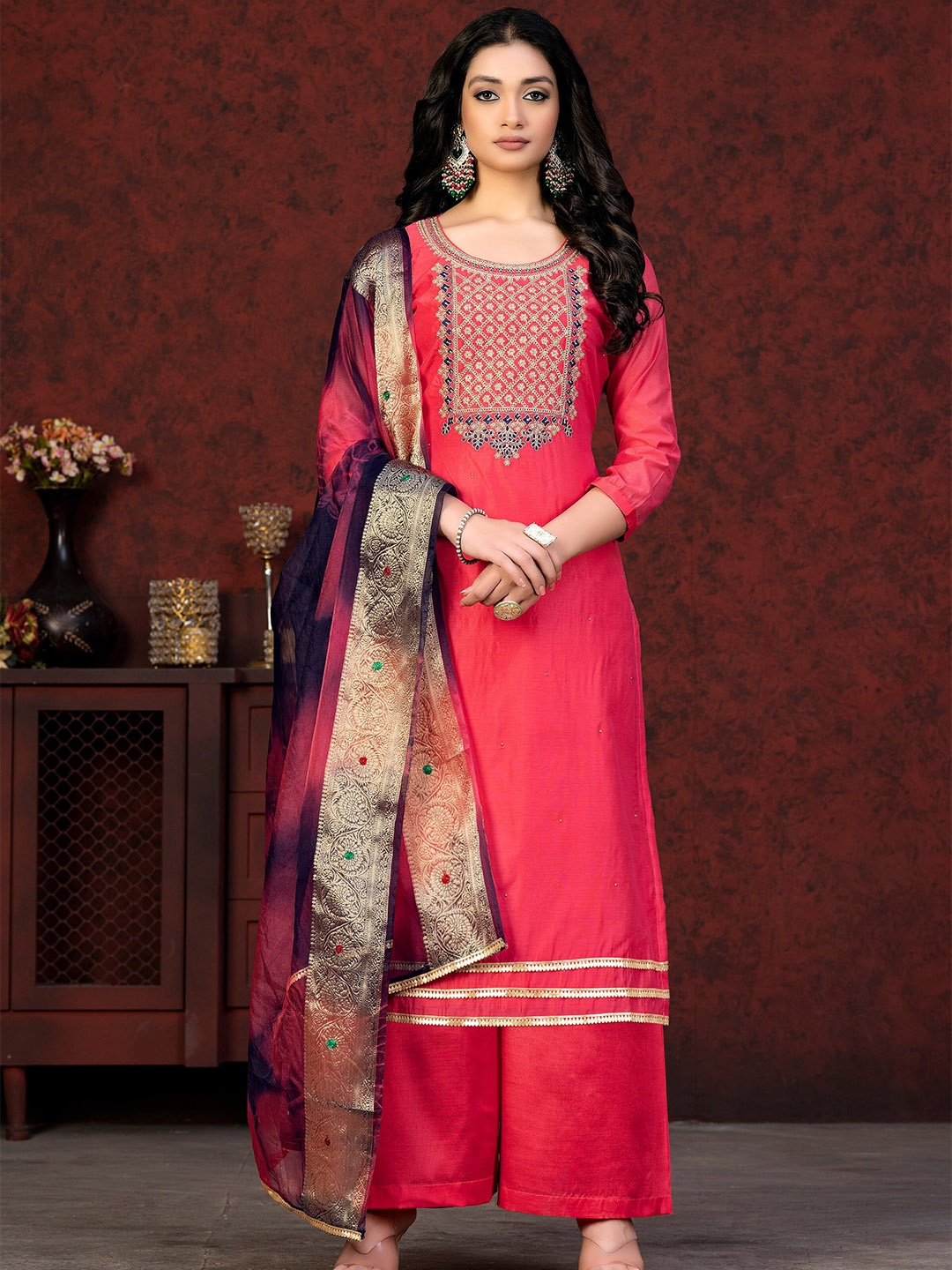 

MANVAA Ethnic Motifs Embroidered Beads and Stones Unstitched Dress Material, Pink