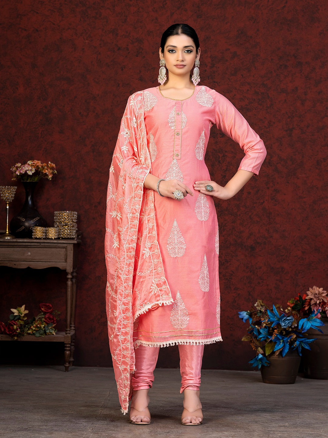 

MANVAA Floral Embroidered Unstitched Dress Material, Pink